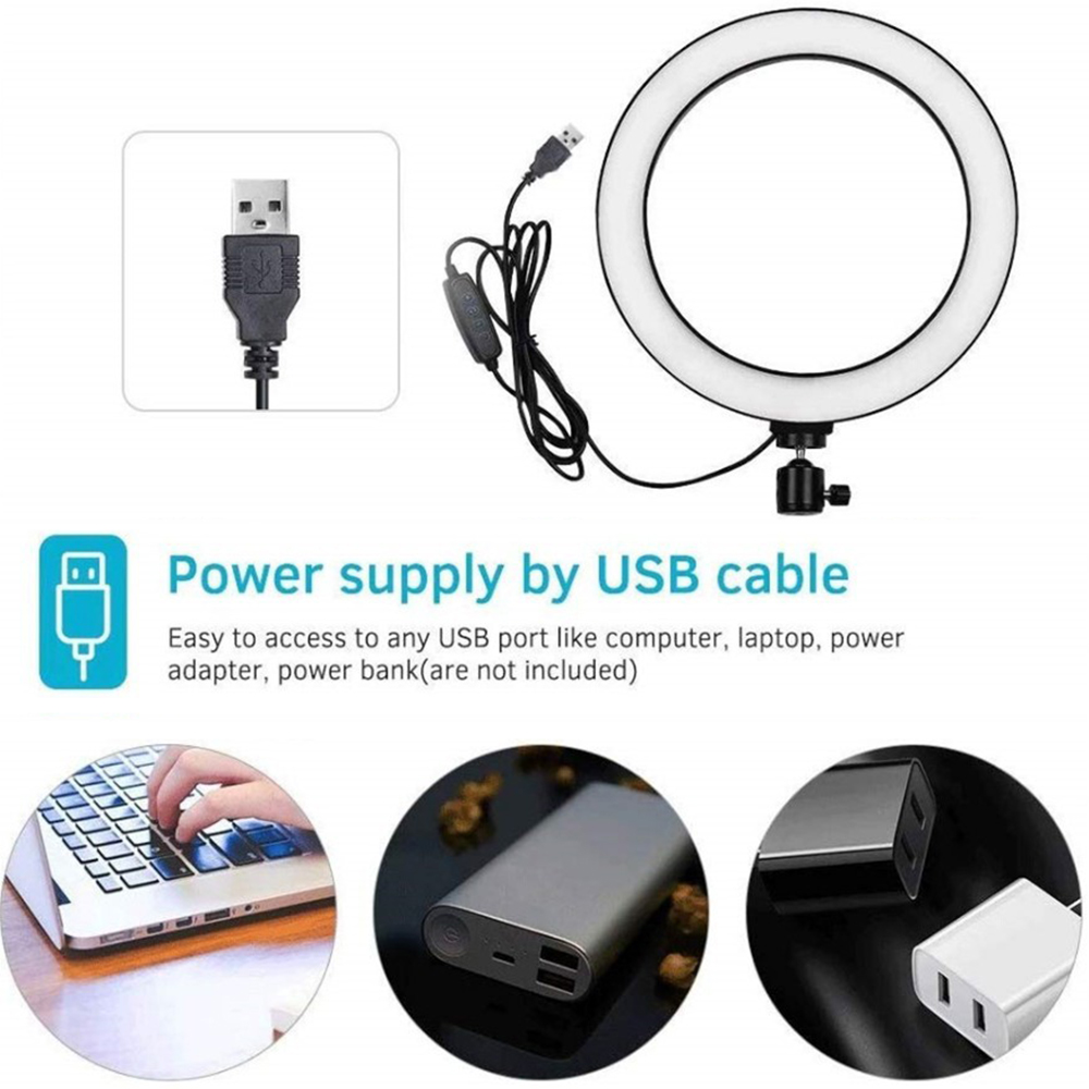 Anello luminoso con cavo USB, laptop, power bank e adattatore.