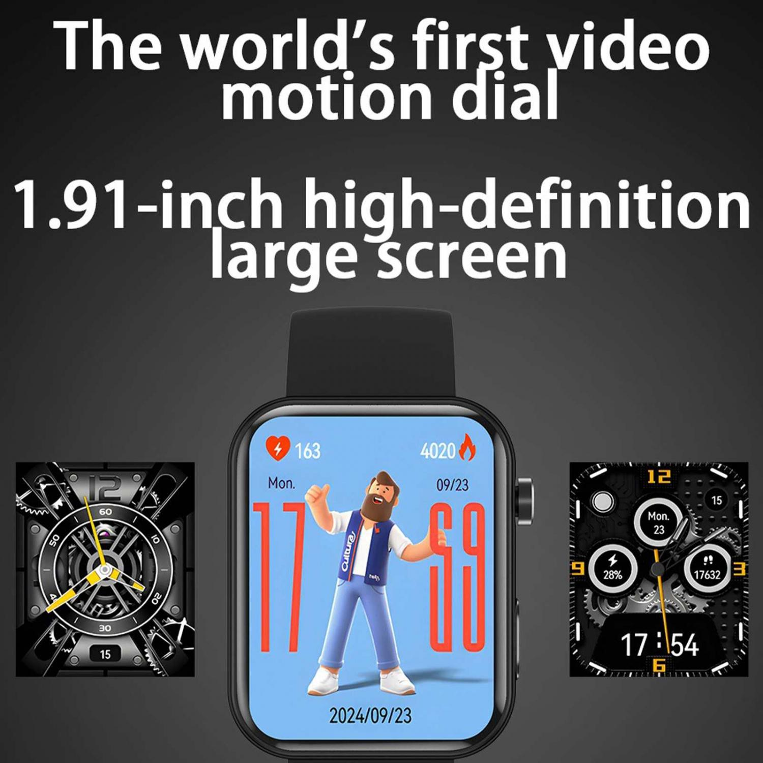 Smartwatch mit drei Zifferblättern: analog, digital mit Figur und mechanisch.