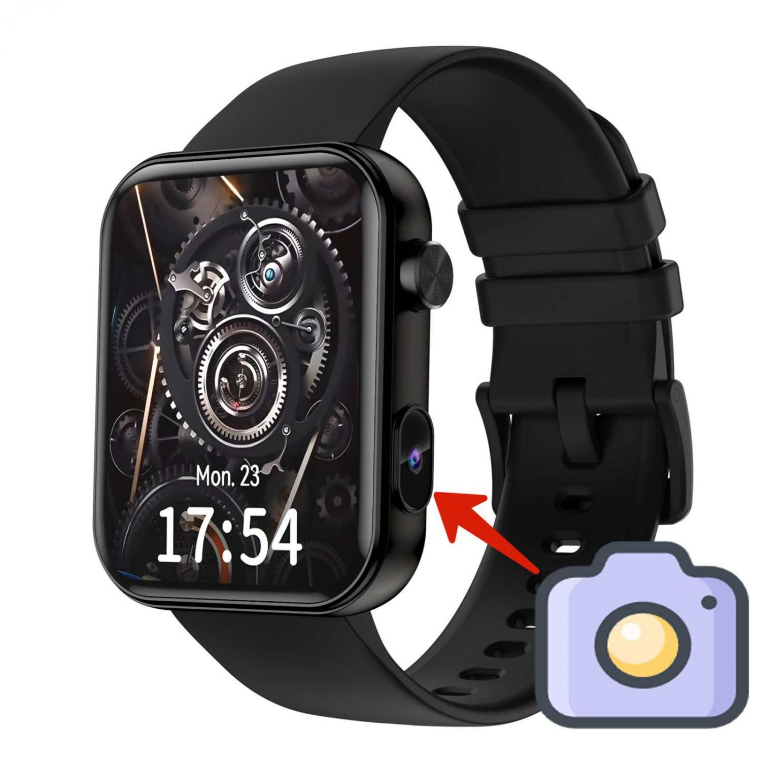 Eine schwarze Smartwatch mit Zahnrädern auf dem Zifferblatt und einer Kamera.
