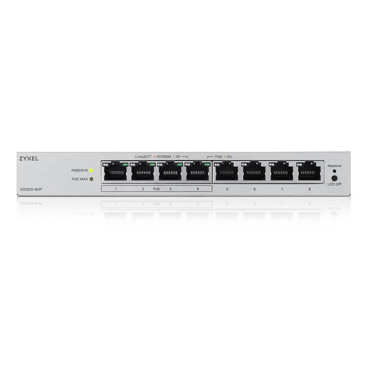 Uno switch di rete Zyxel GS1200-8HP argentato con 8 porte.