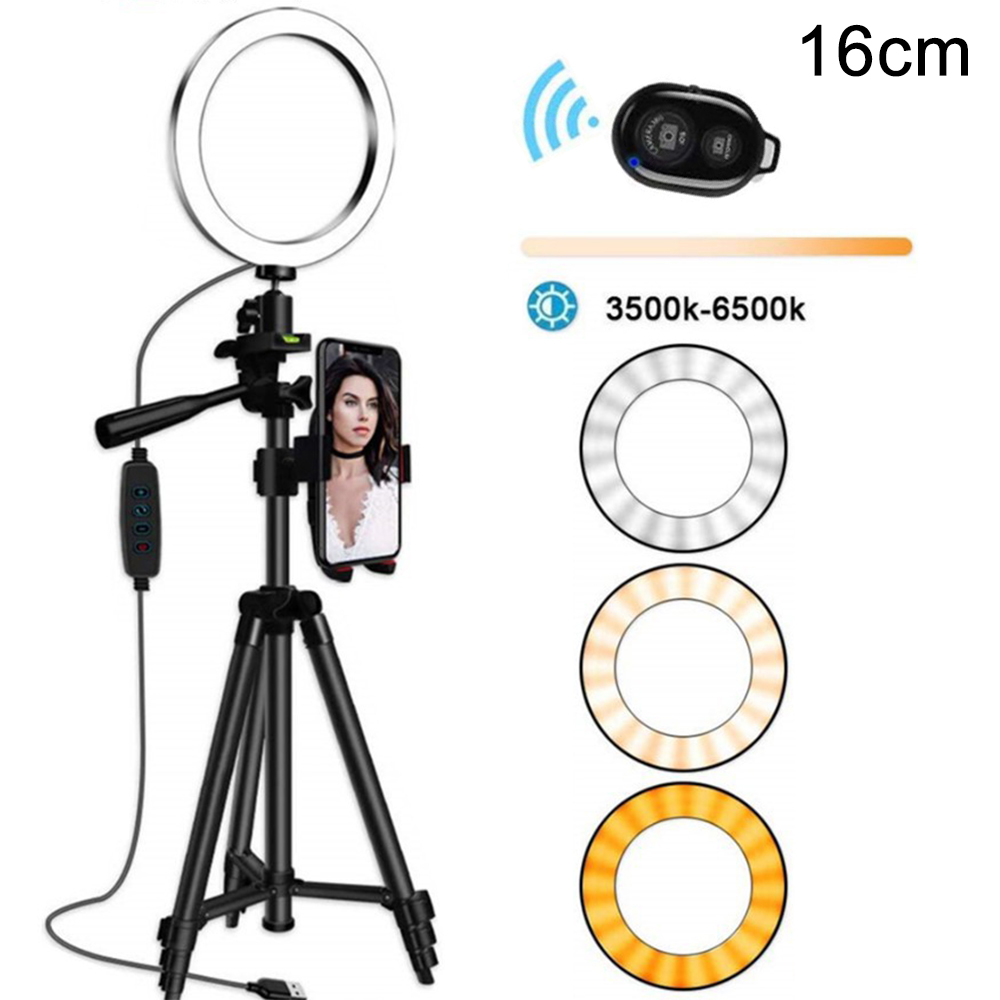 Anello luminoso con treppiede, supporto per telefono, telecomando e luce regolabile.