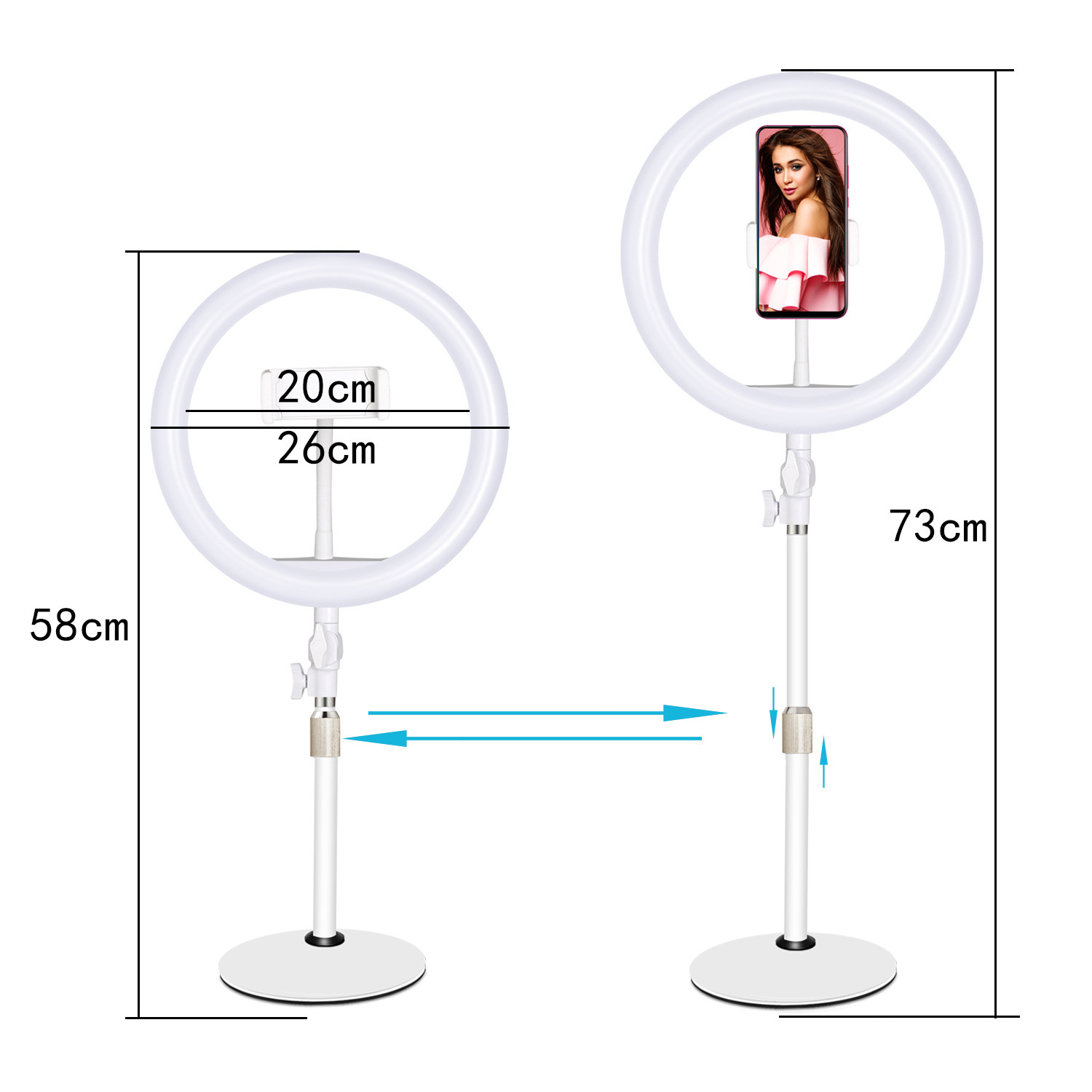 Zwei Ringlichter mit Maßen. Eines zeigt 20/26cm, das andere 73cm Höhe.