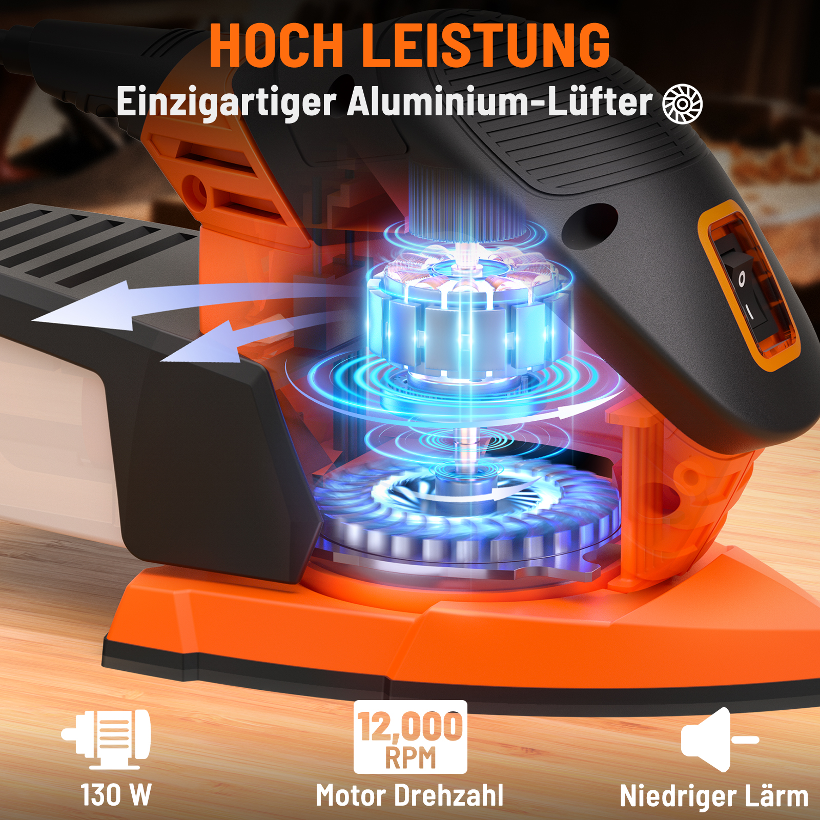 Detailansicht eines orangefarbenen Schleifers mit beleuchtetem Motor und Pfeilen.