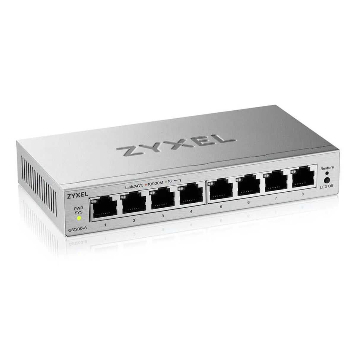 Ein silberner Zyxel Netzwerk-Switch mit 8 Ports, vorne mit Anschlüssen.