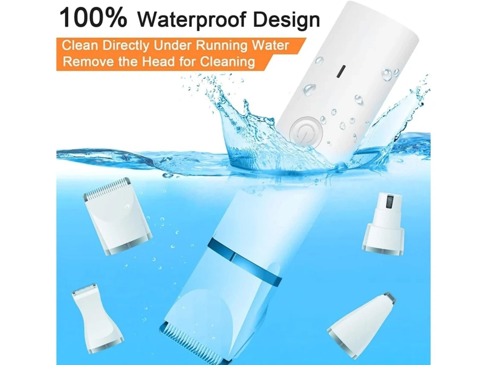 Weißer wasserdichter Trimmer mit Aufsätzen unter Wasser, spritzend.