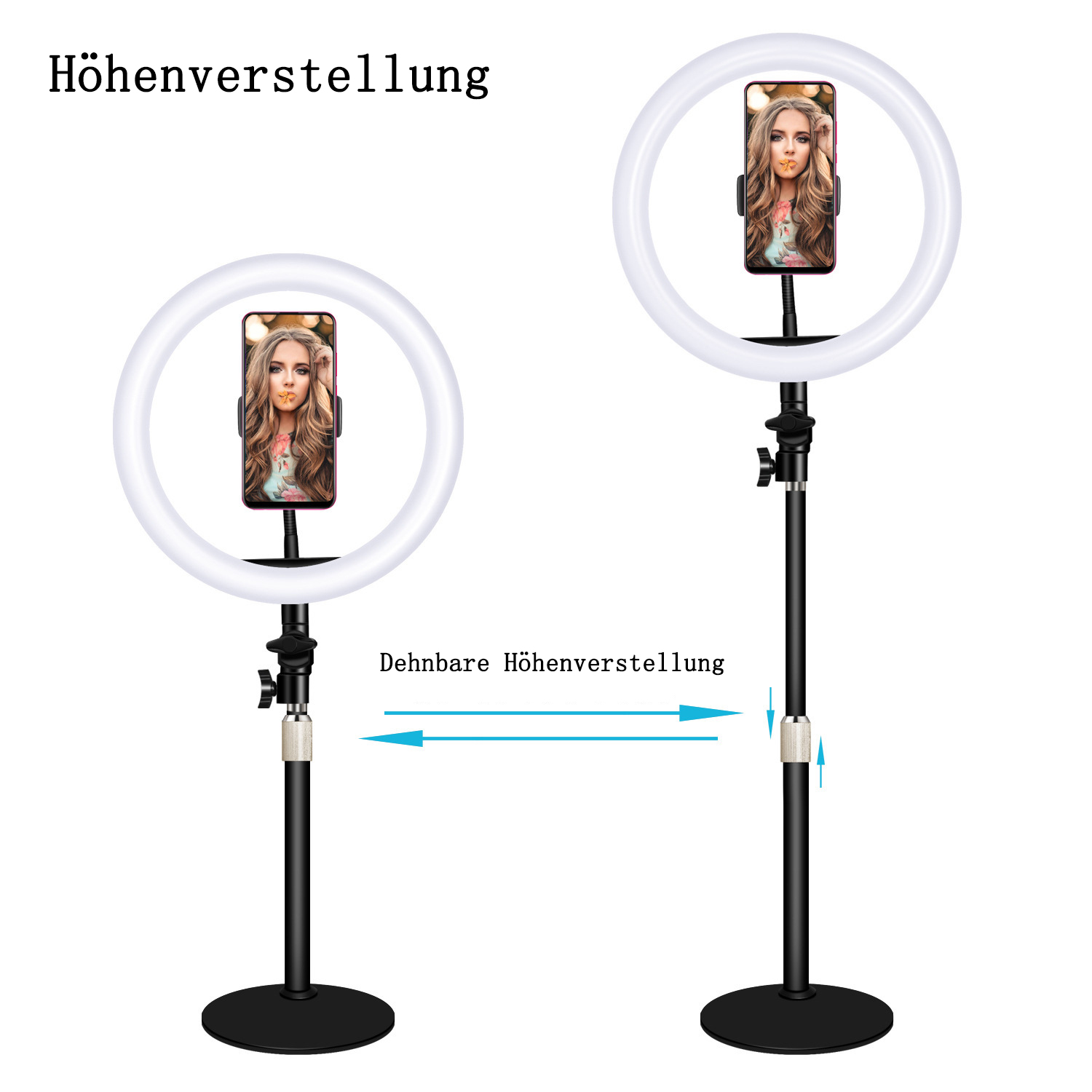 Zwei Ringlichter mit Smartphones, die Höhenverstellung wird gezeigt.