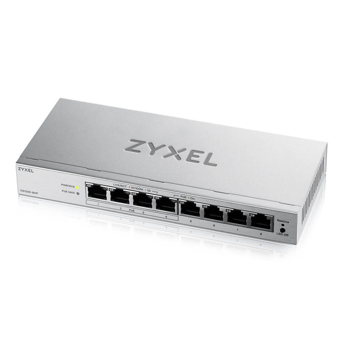 Uno switch Zyxel GS1200-8HP argentato con 8 porte e LED di stato.