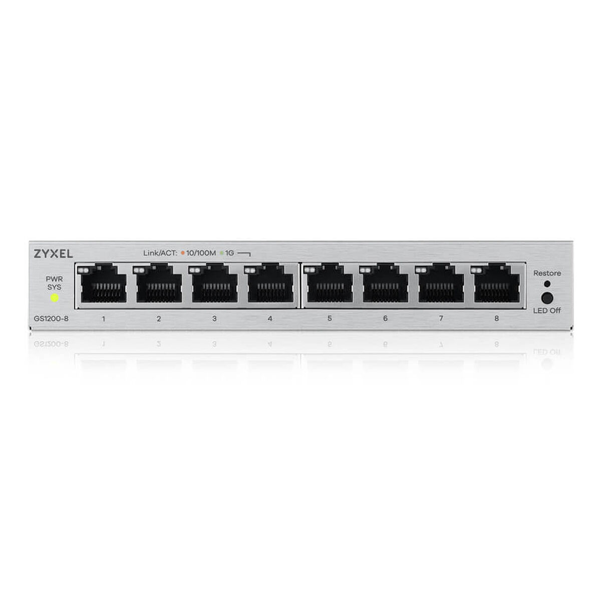 Ein silberner Zyxel GS1200-8 Switch mit acht Anschlüssen und Status-LEDs.