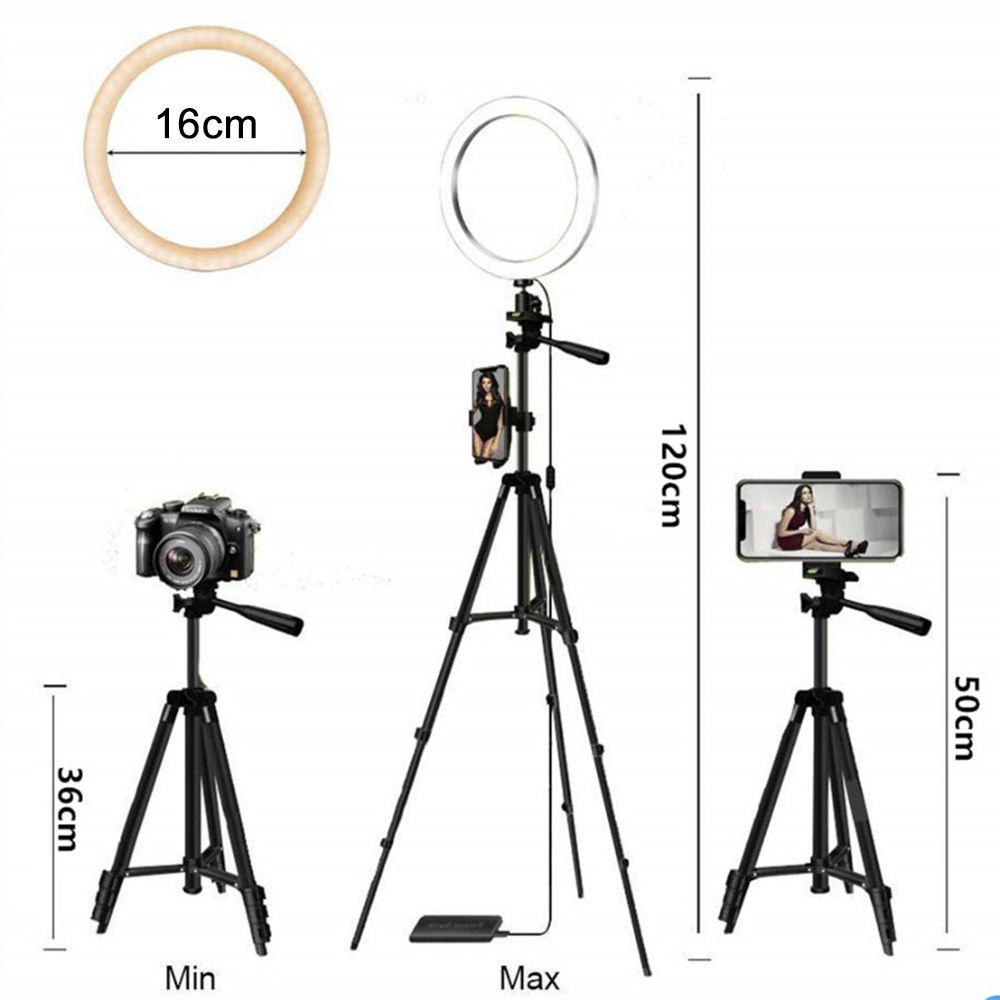 Set di luci ad anello con treppiedi, fotocamera e supporto per telefono.