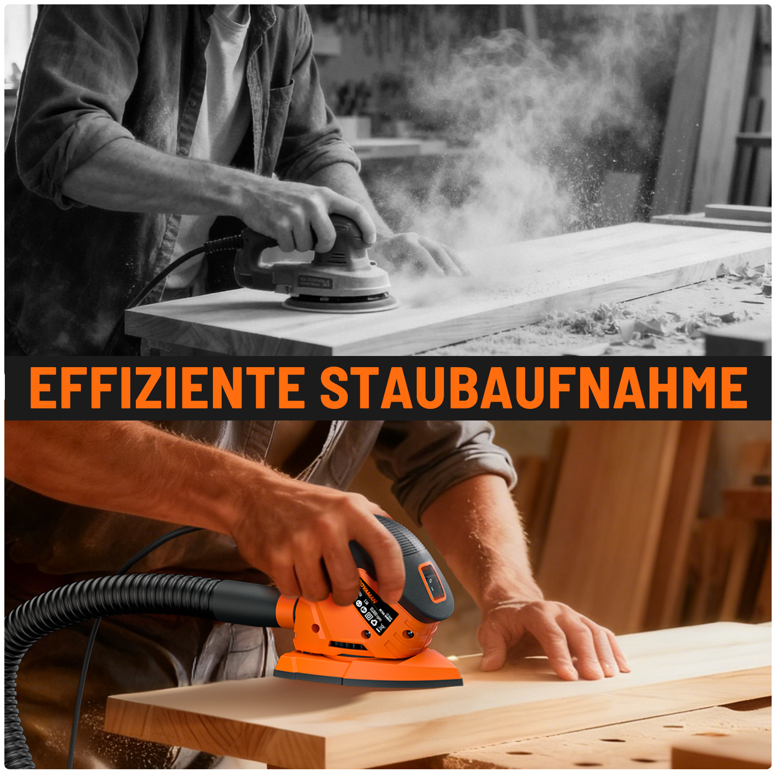 Ein Mann schleift Holz mit einem Exzenterschleifer. Staub wirbelt auf.