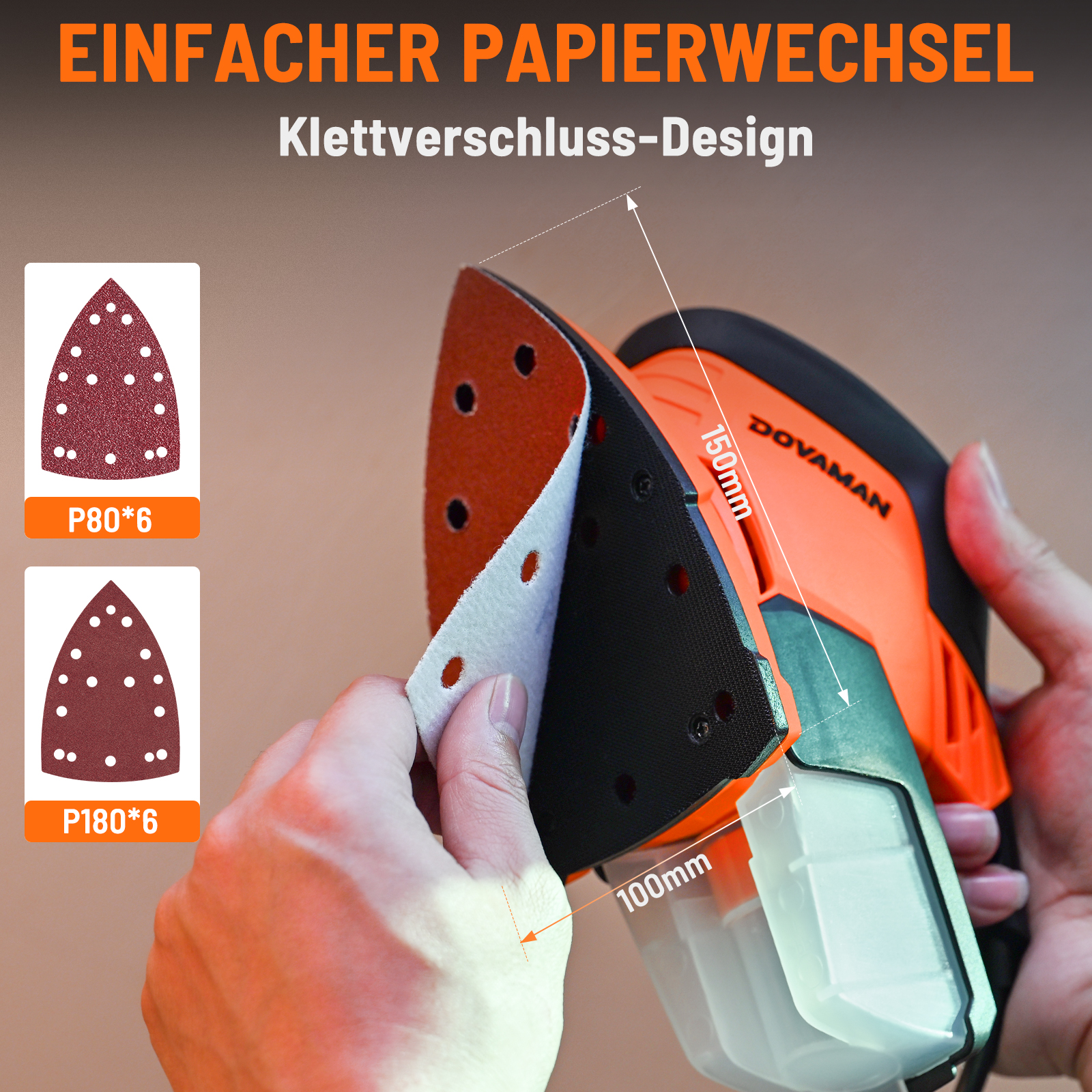 Schleifpapier wird an einem orangefarbenen Schleifgerät angebracht.