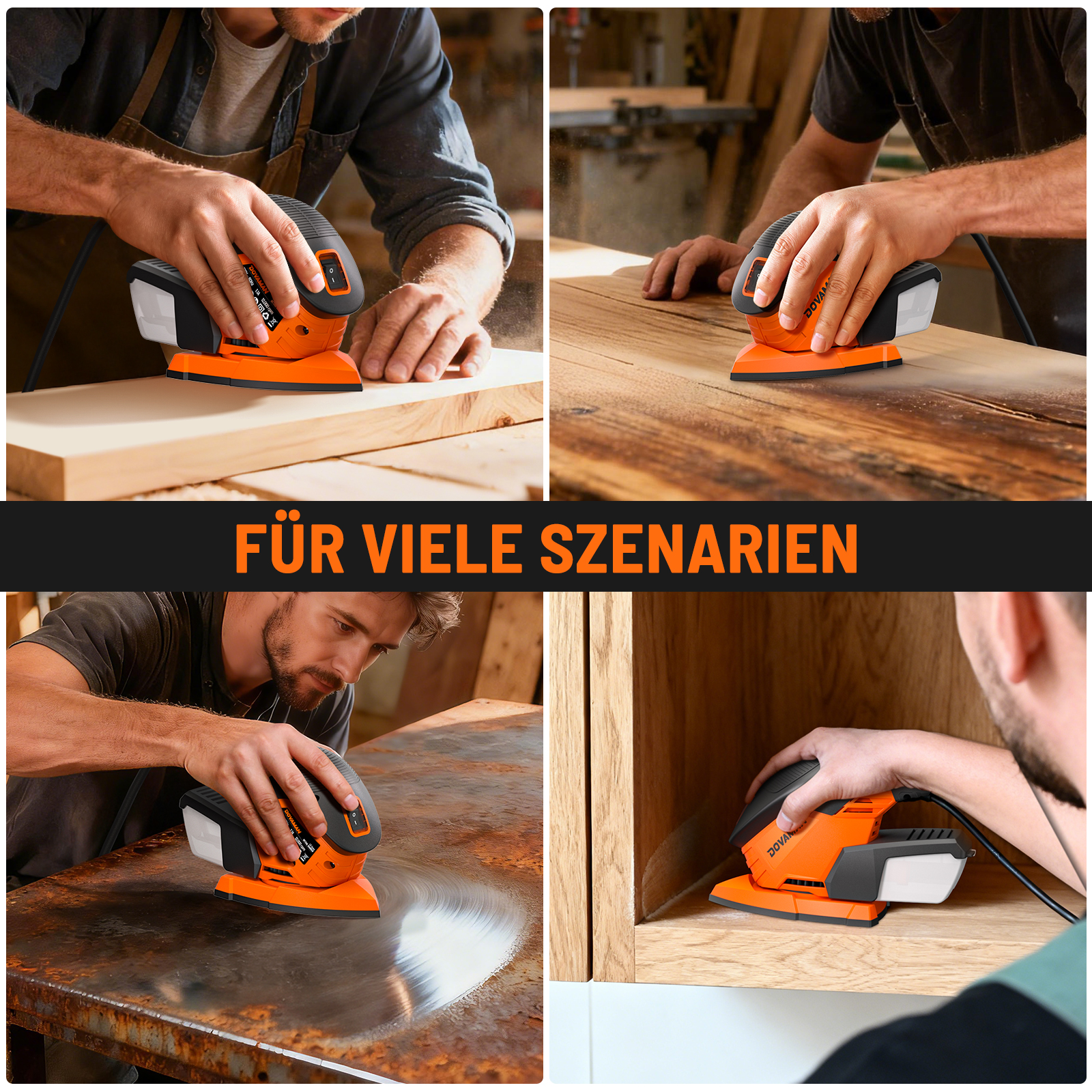Mann schleift Holz und Metall mit orangenem Schleifgerät in vier Szenarien.