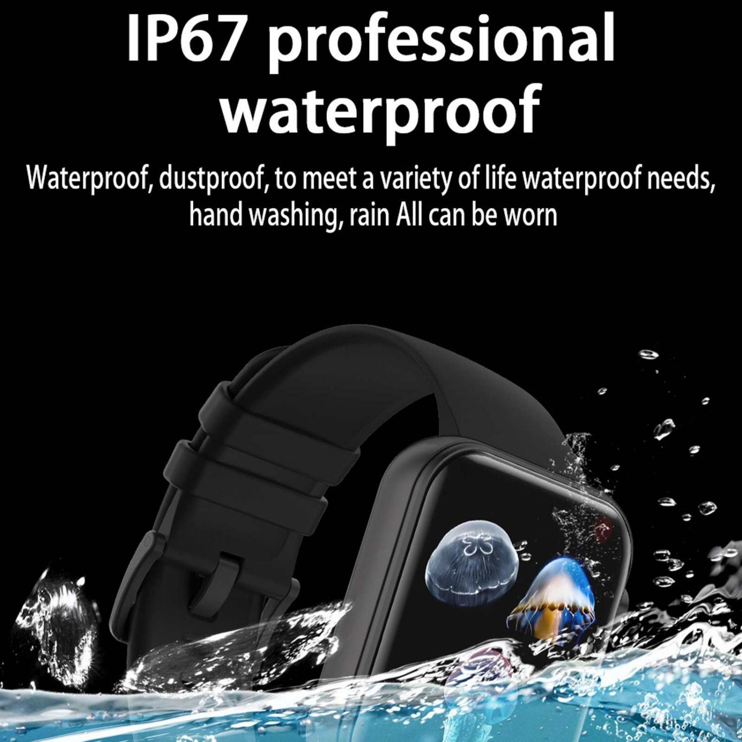 Schwarze Smartwatch mit Quallen im Wasser, IP67 wasserdicht.