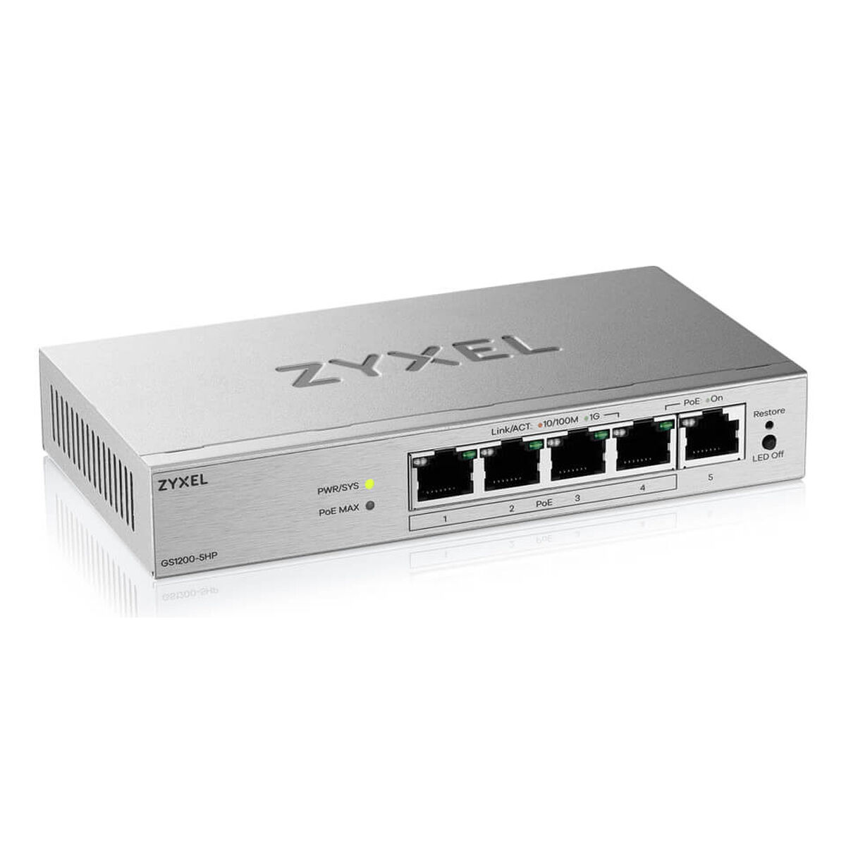 Switch di rete ZYXEL GS1200-5HP argentato a 5 porte.