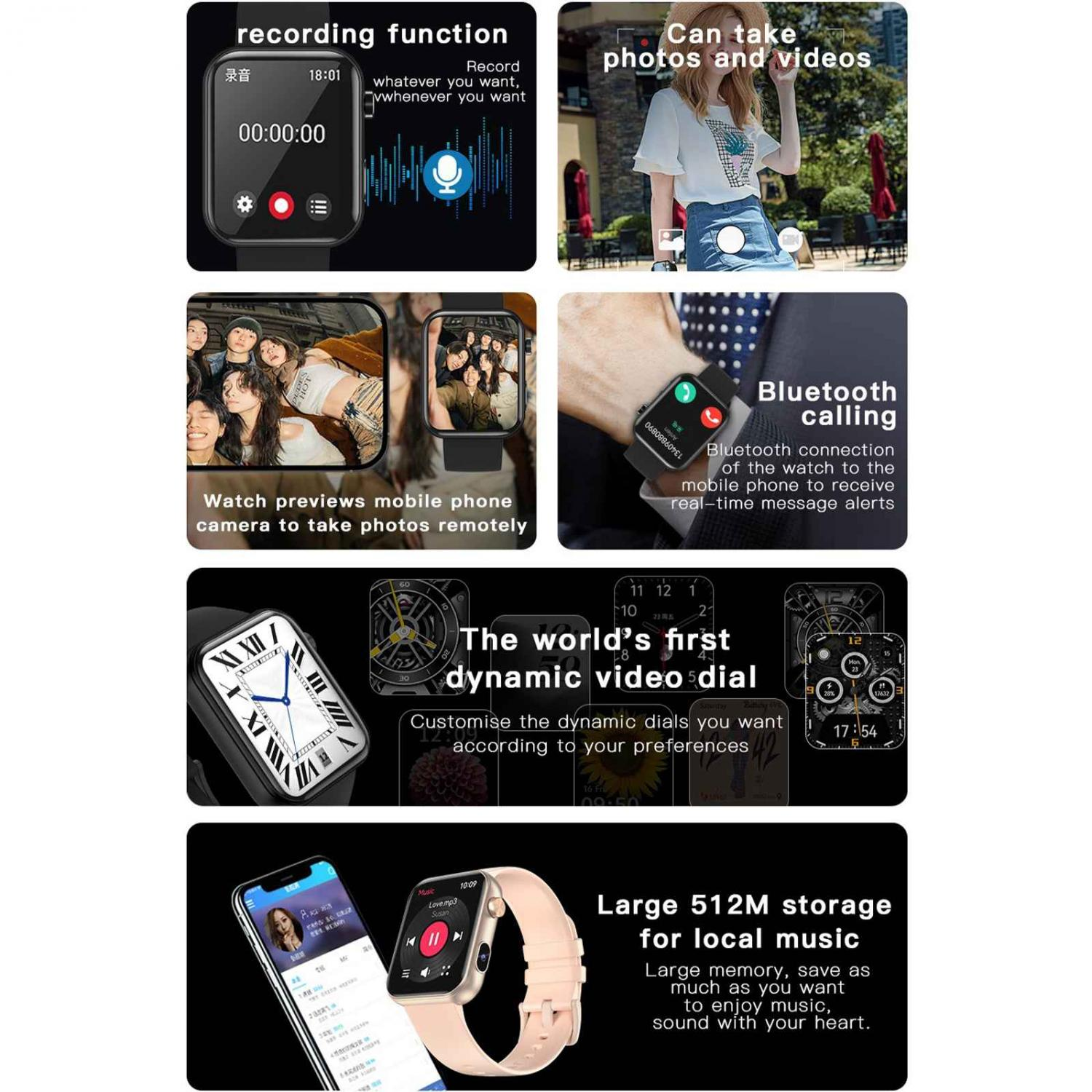 Smartwatch-Funktionen: Aufnahme, Kamerafernsteuerung, Bluetooth-Anrufe, dynamische Zifferblätter, Musikspeicher.
