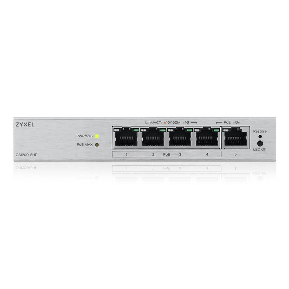 Uno switch di rete Zyxel GS1200-5HP argentato con cinque porte.