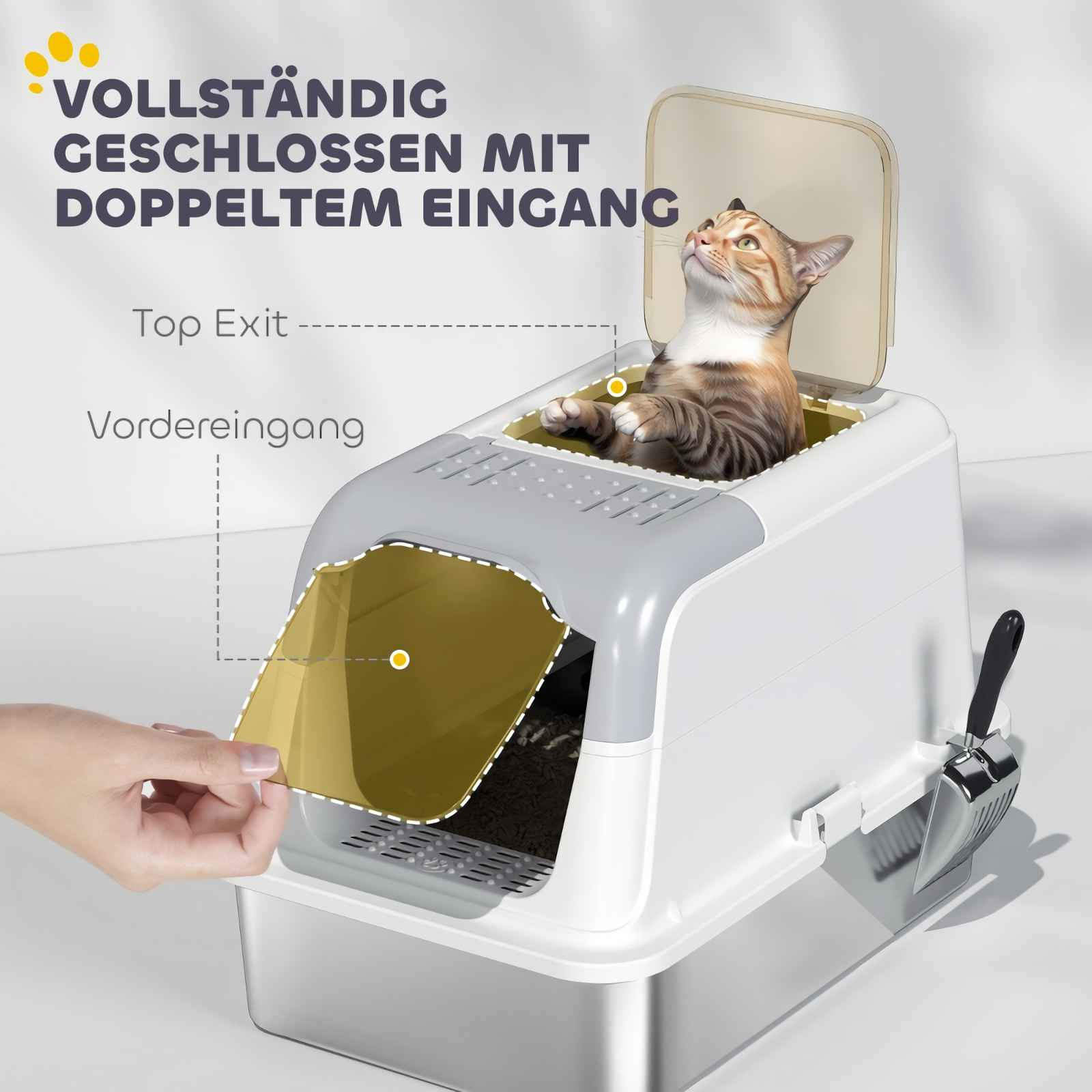 Katze im geschlossenen Katzenklo mit vorderem und oberem Ausgang.