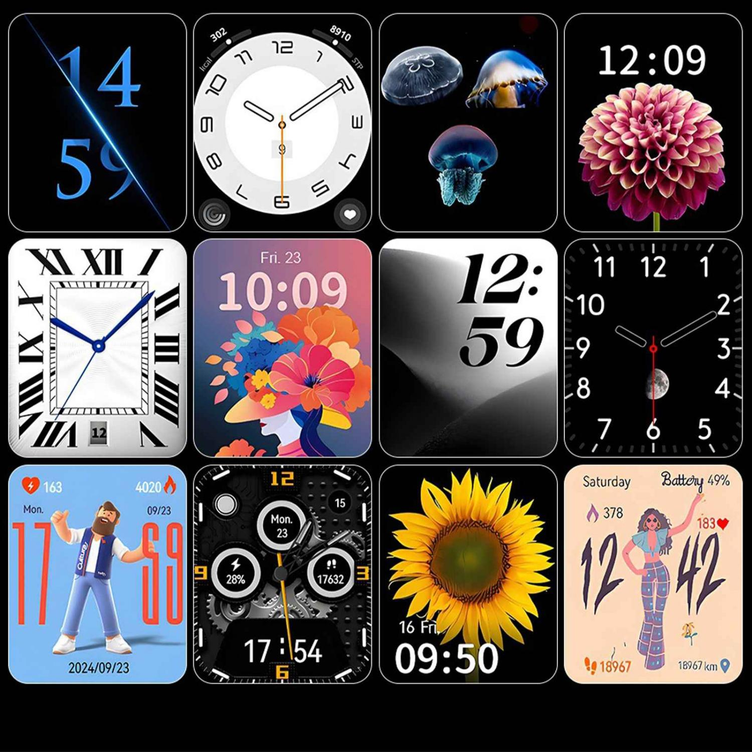 Zwölf Zifferblätter: digital, analog, Quallen, Blume, Sonnenblume, Fitness-Tracker.