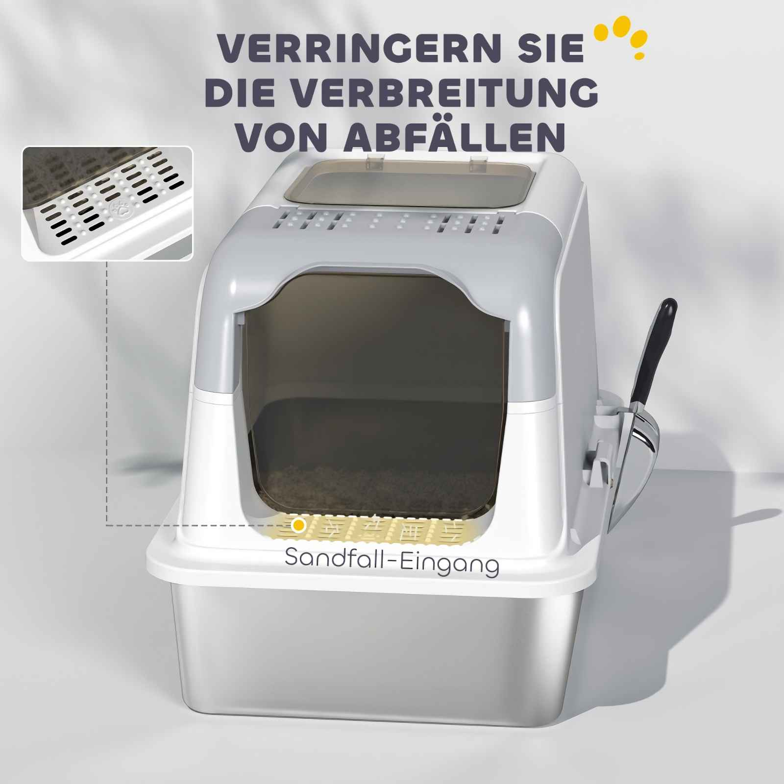 Eine weiße und graue Katzentoilette mit einem Siebeinsatz und einer Schaufel.