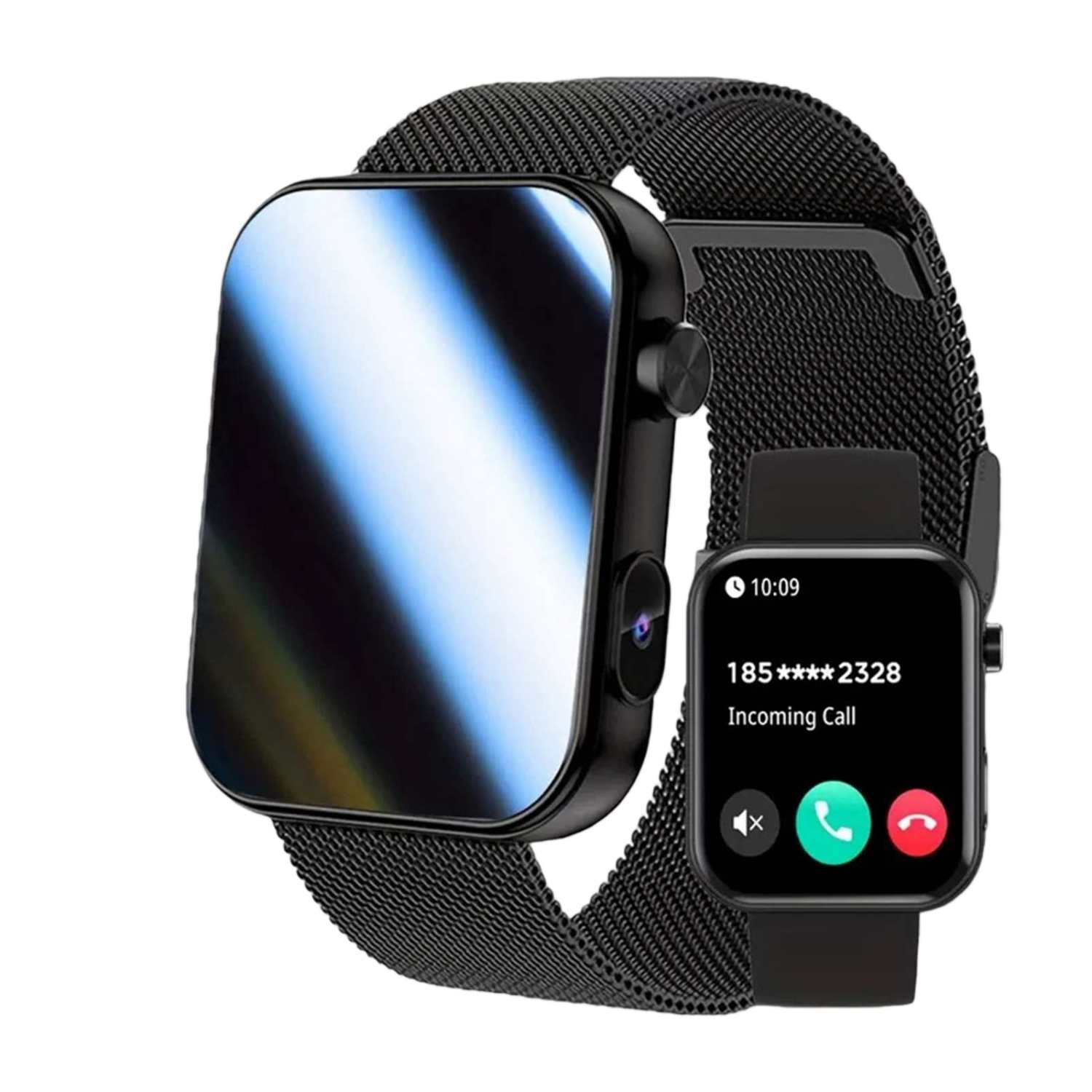 Eine schwarze Smartwatch mit Metallarmband zeigt einen eingehenden Anruf an.