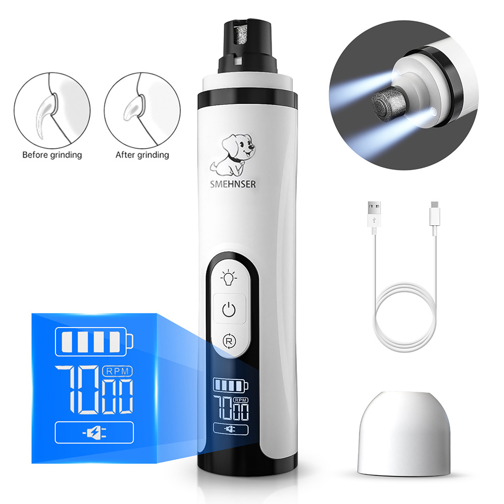 Elektrischer Nagelschleifer für Haustiere mit LED-Licht, USB-Kabel und Ladeanzeige.