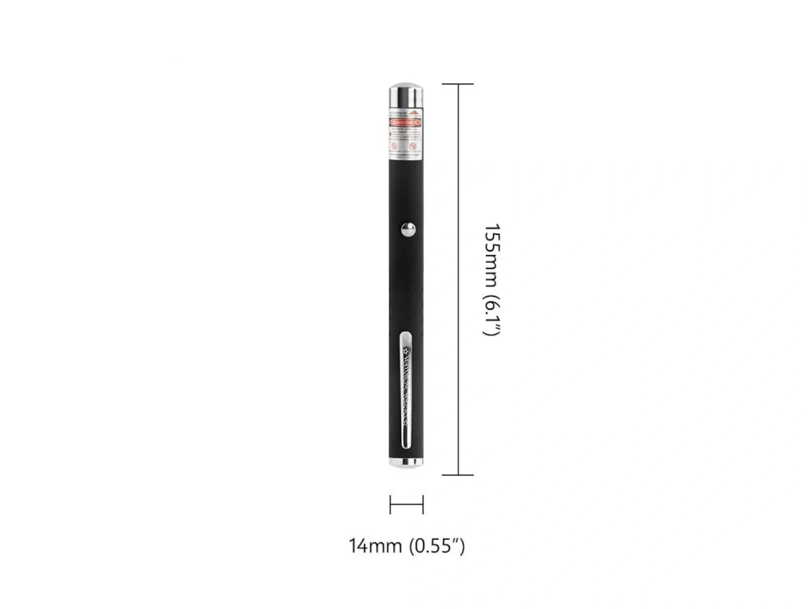 Ein schwarzer Laserpointer mit silbernen Akzenten, 155mm lang und 14mm breit.