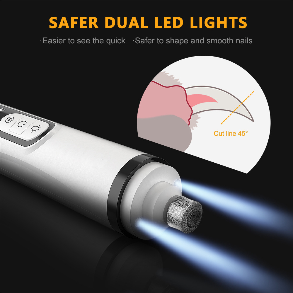 Ein weißes Nagelknipser für Haustiere mit LED-Lichtern und einer Nahaufnahme eines Krallenschnitts.