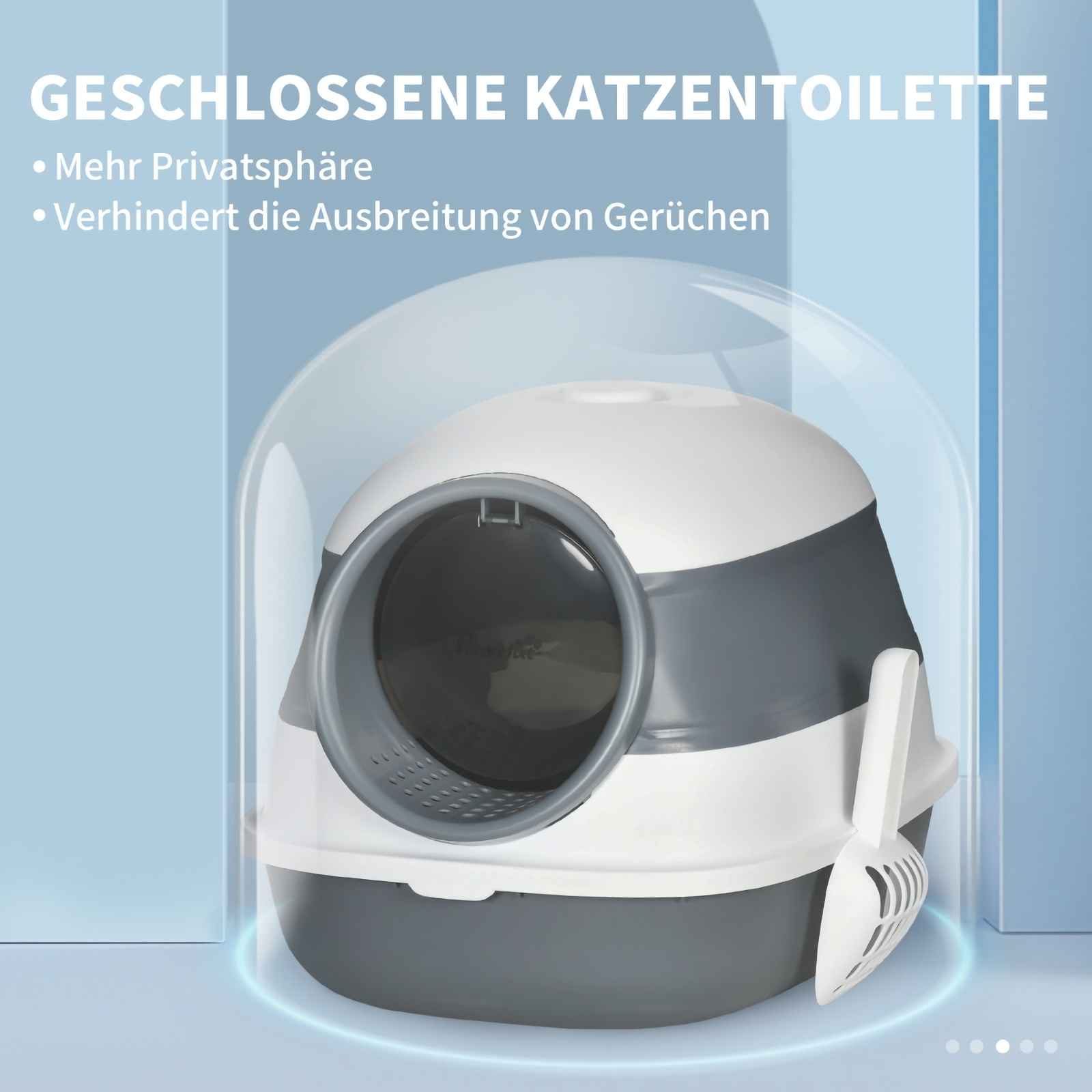 Geschlossene Katzentoilette in Weiß und Grau mit Schaufel.