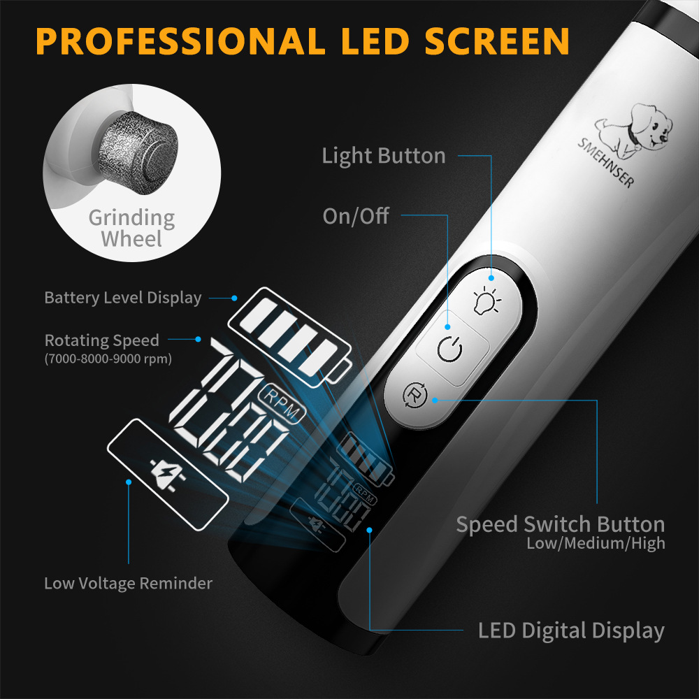 Ein elektrischer Nageltrenner für Haustiere mit LED-Display, das Akku, Drehzahl und Warnmeldungen anzeigt.