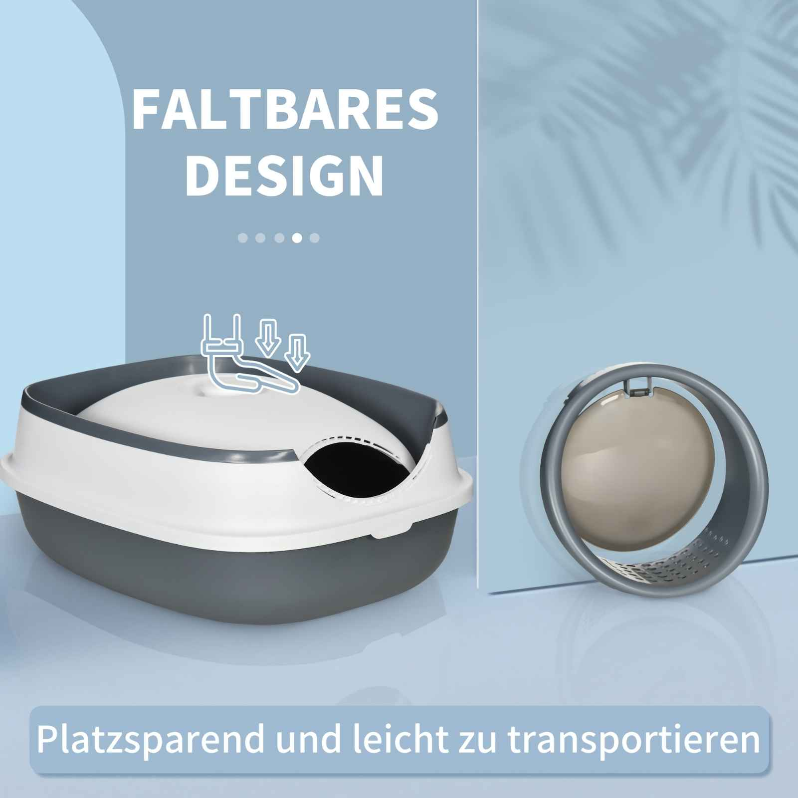 Graue und weiße faltbare Katzentoilette mit Zubehör. Platzsparend und leicht zu transportieren.