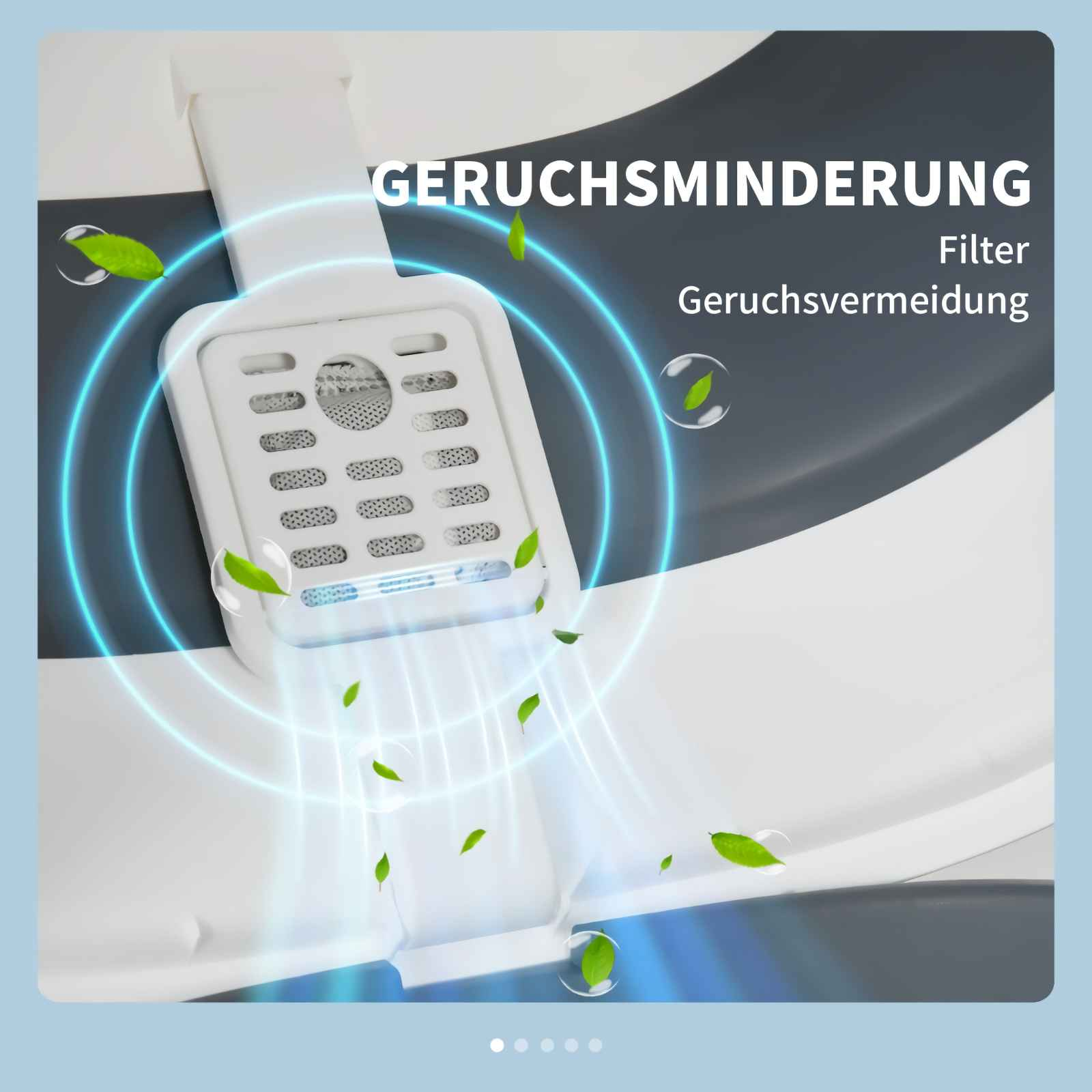 Filter mit grünen Blättern und blauen Ringen, die Geruchsminderung anzeigen.