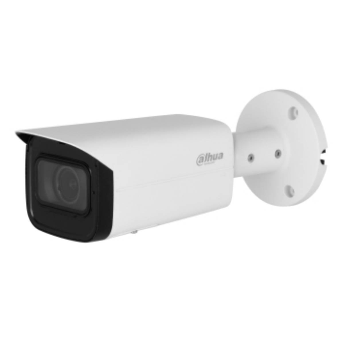 Een witte beveiligingscamera met zwarte lens en montagebeugel.