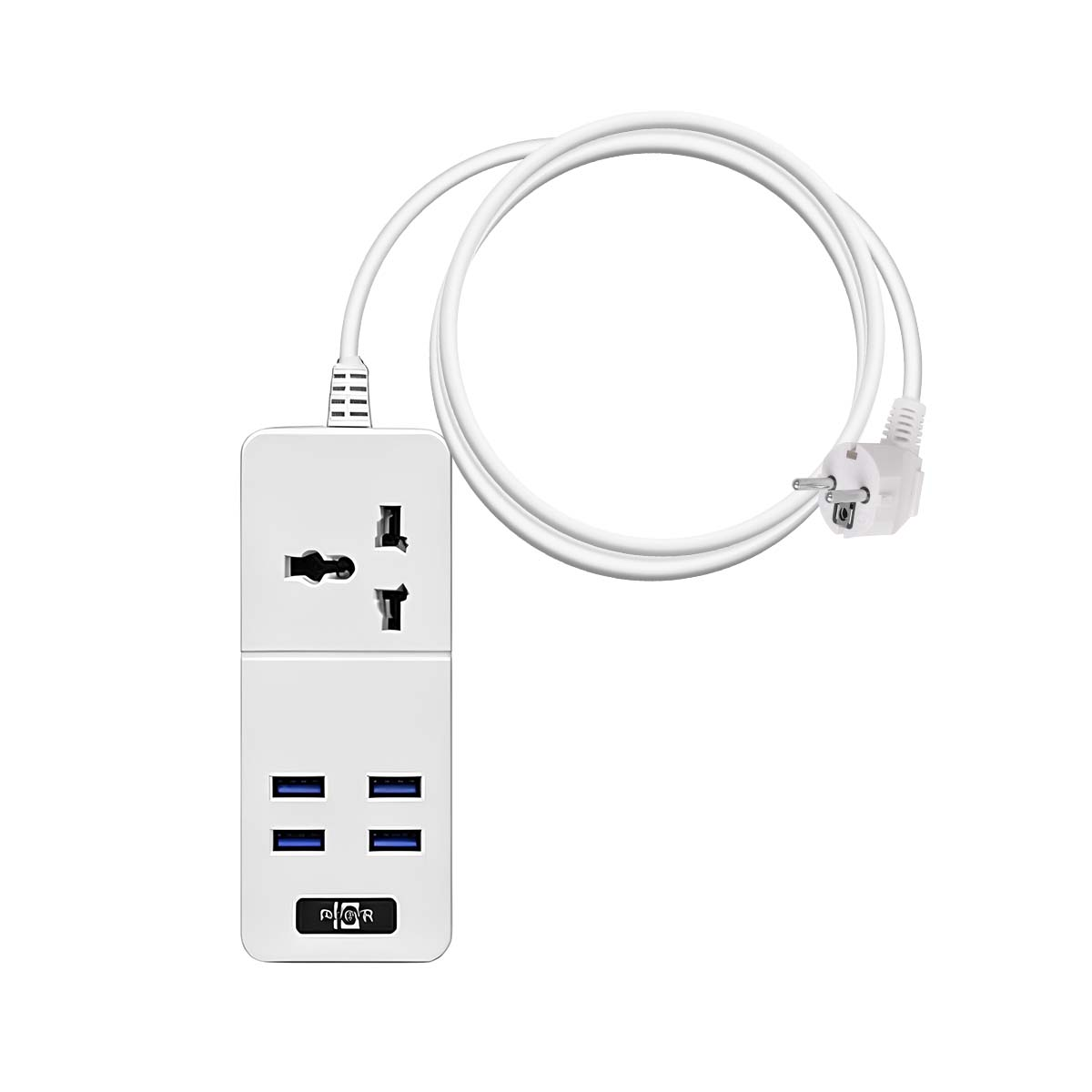 Ein weißer Universal-Reiseadapter mit USB-Anschlüssen und einem EU-Stecker.