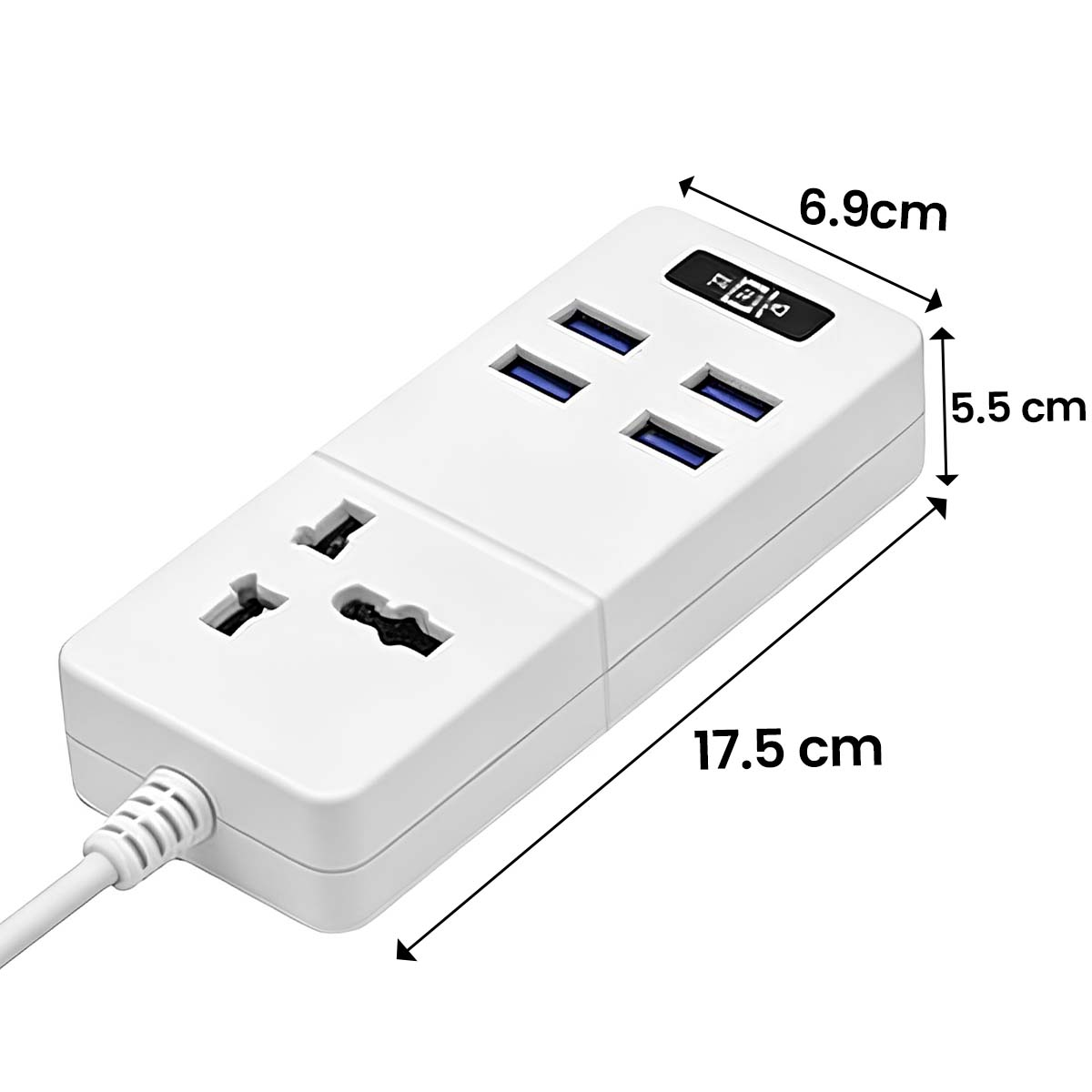 Weiße Steckdosenleiste mit vier USB-Anschlüssen und globalen Steckdosen.