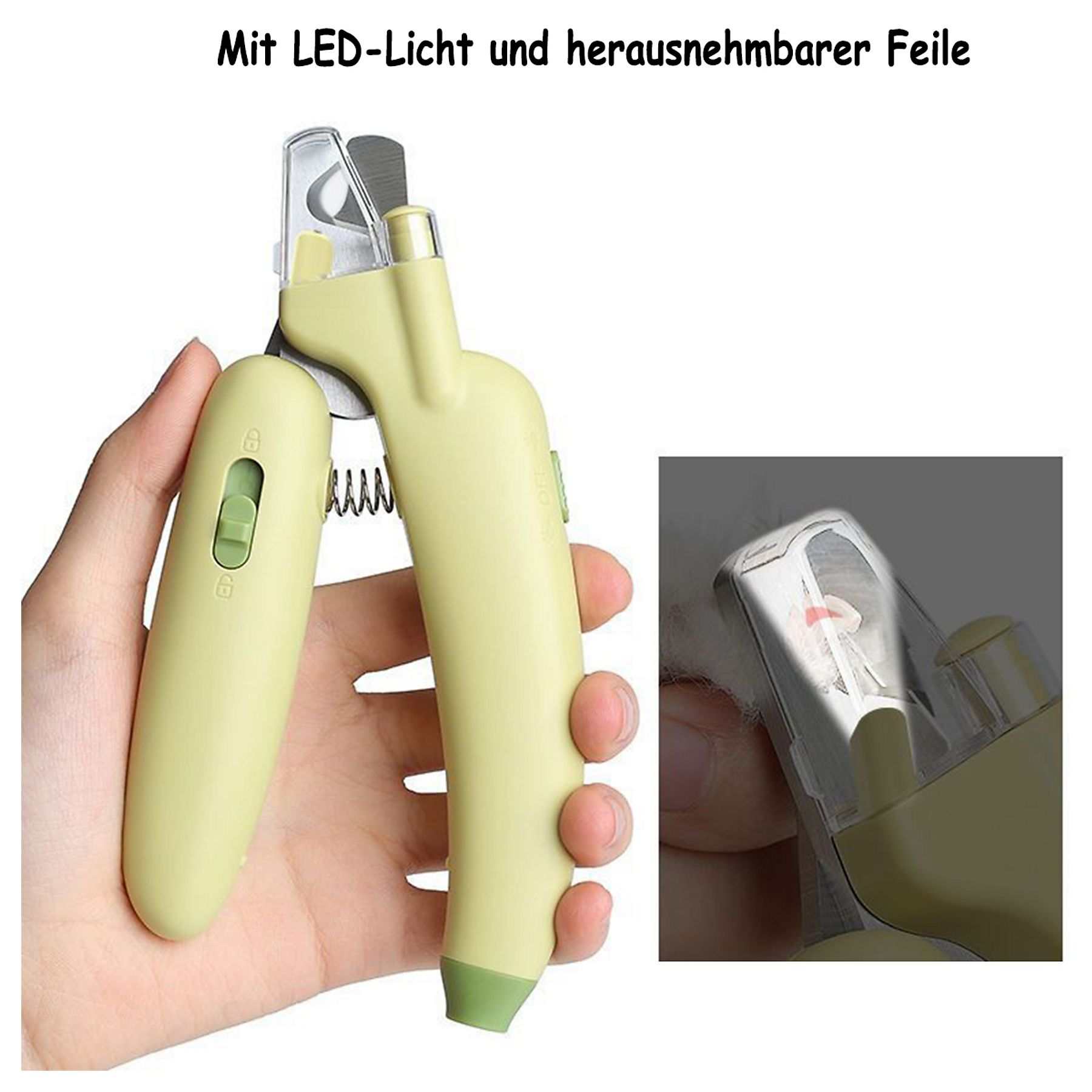 Eine Hand hält eine hellgelbe Nagelschere mit integriertem LED-Licht.
