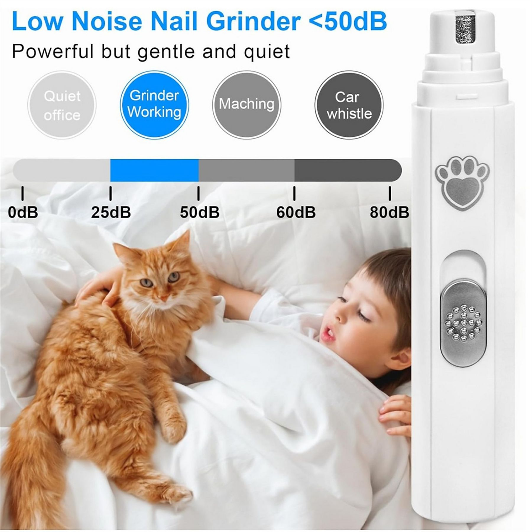 Ein roter Kater liegt auf einem Bett neben einem schlafenden Kind. Ein Nagelgrinder ist rechts.