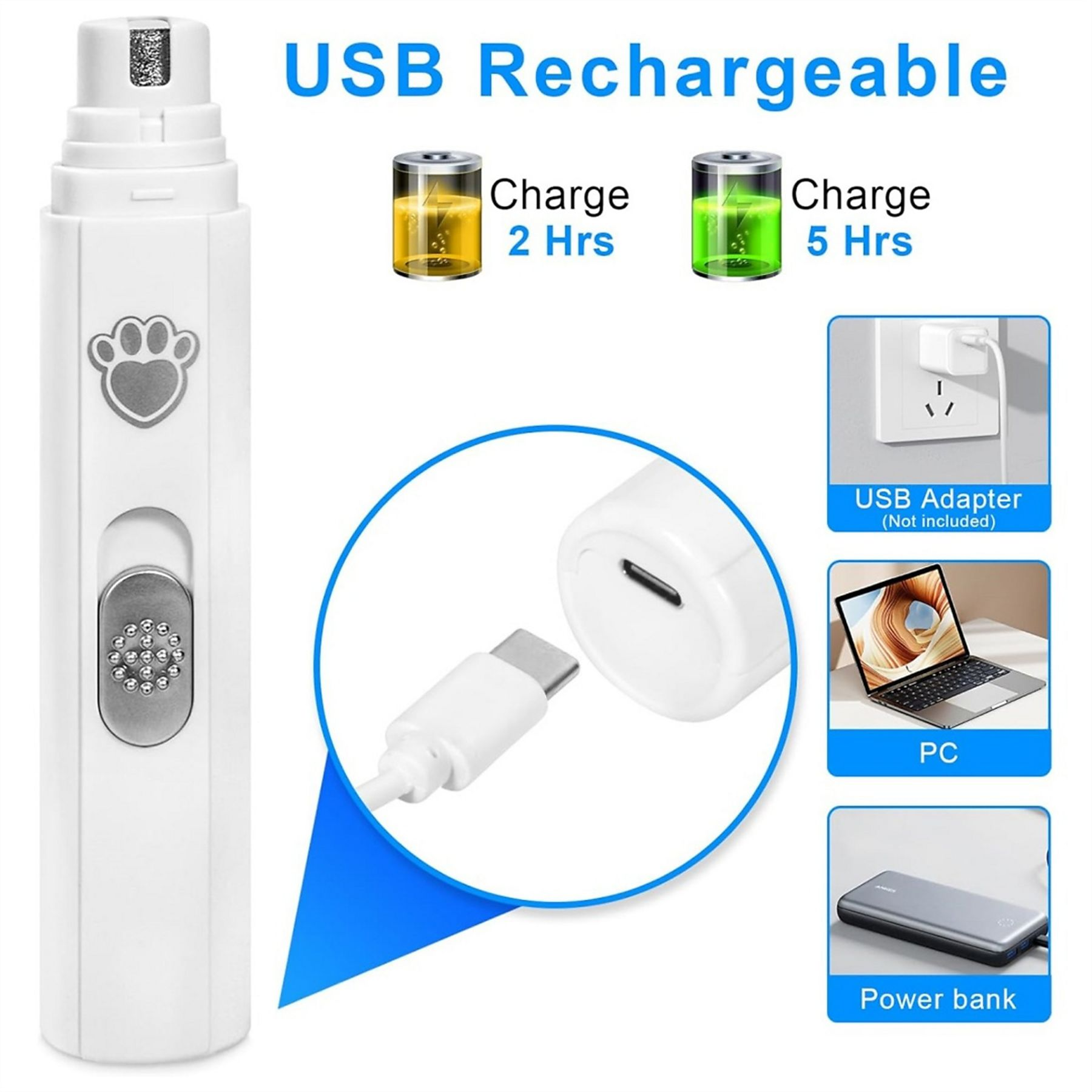 Ein weißes, USB-aufladbares Haustier-Nagelknipser mit Ladeanzeigen und Anschlussmöglichkeiten.