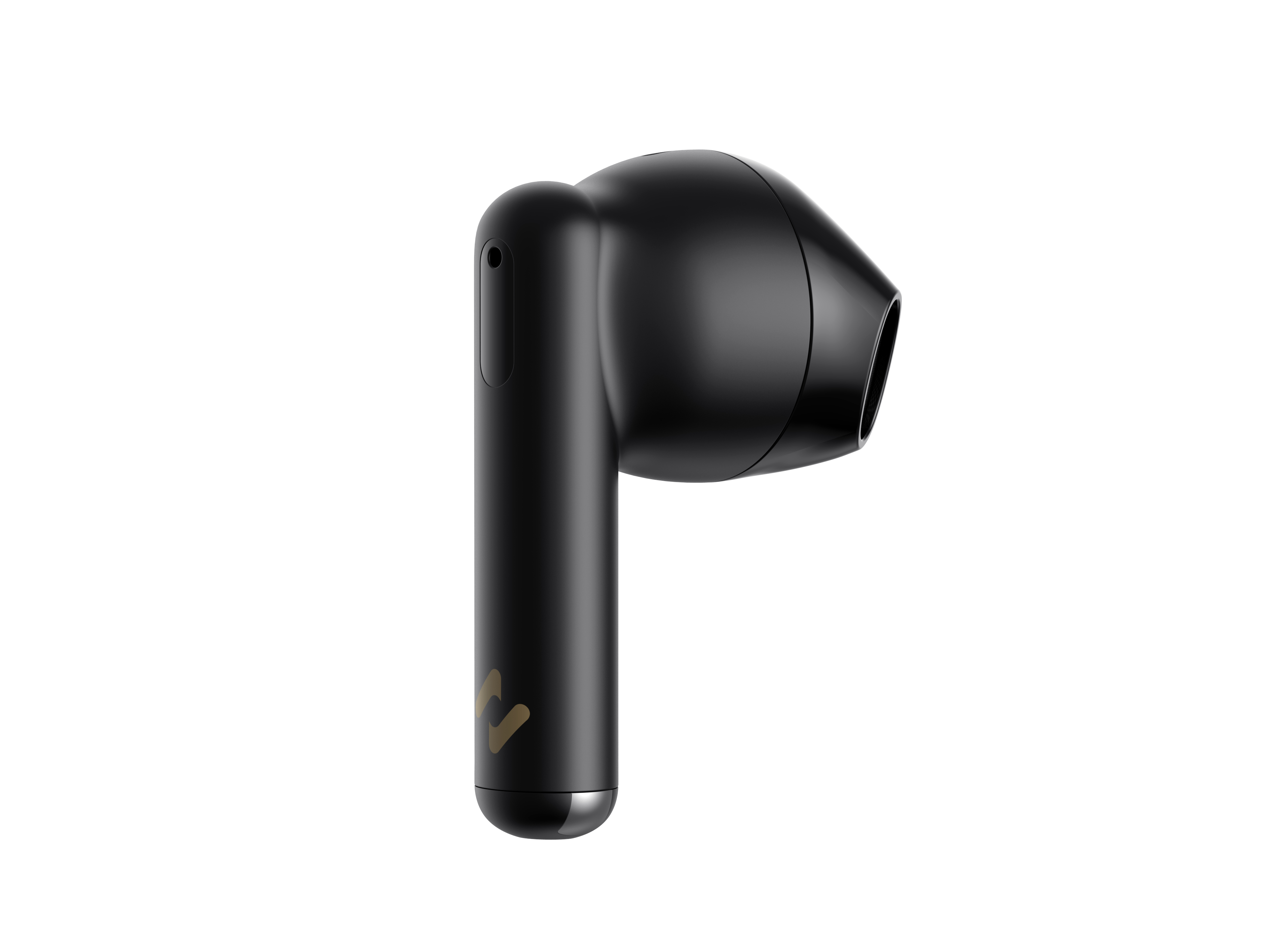 Czarny bezprzewodowy pączek ucha ze złotym logo na białym tle.