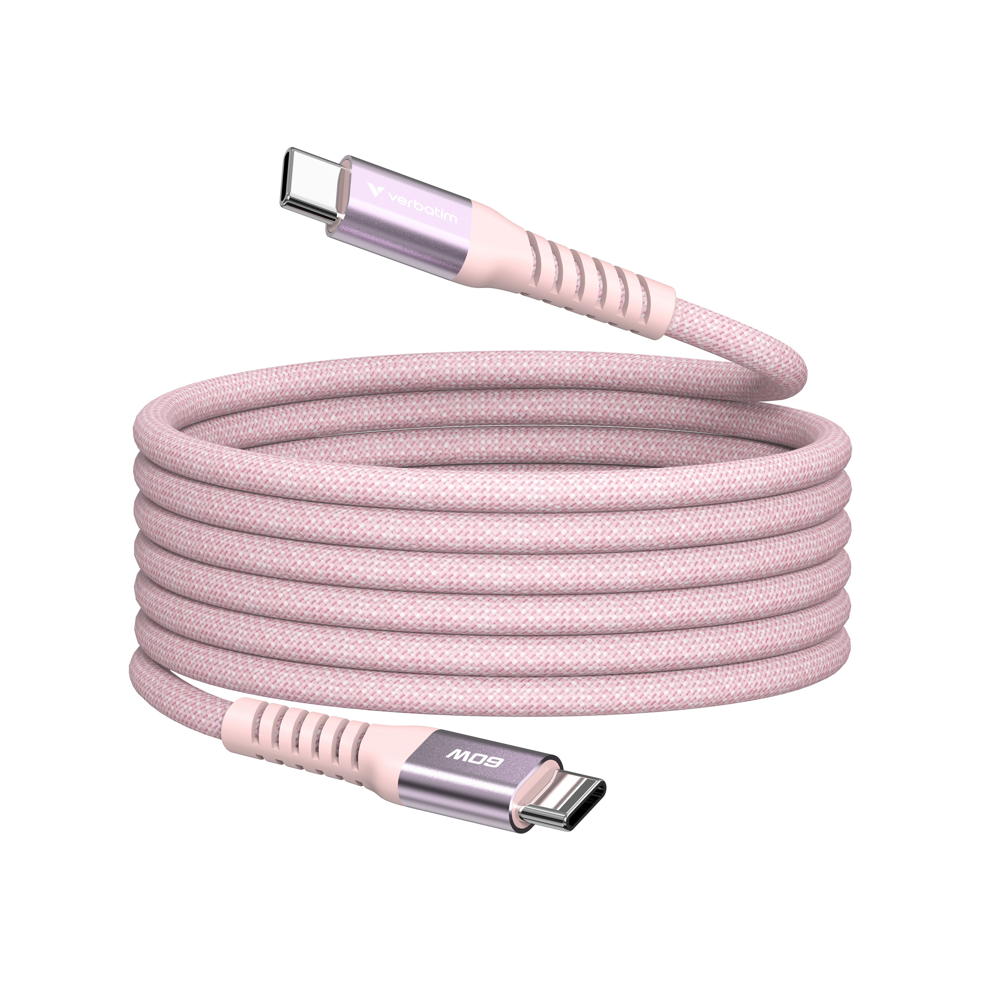 Ein rosa USB-C-Kabel, aufgerollt, mit silbernen Anschlüssen.
