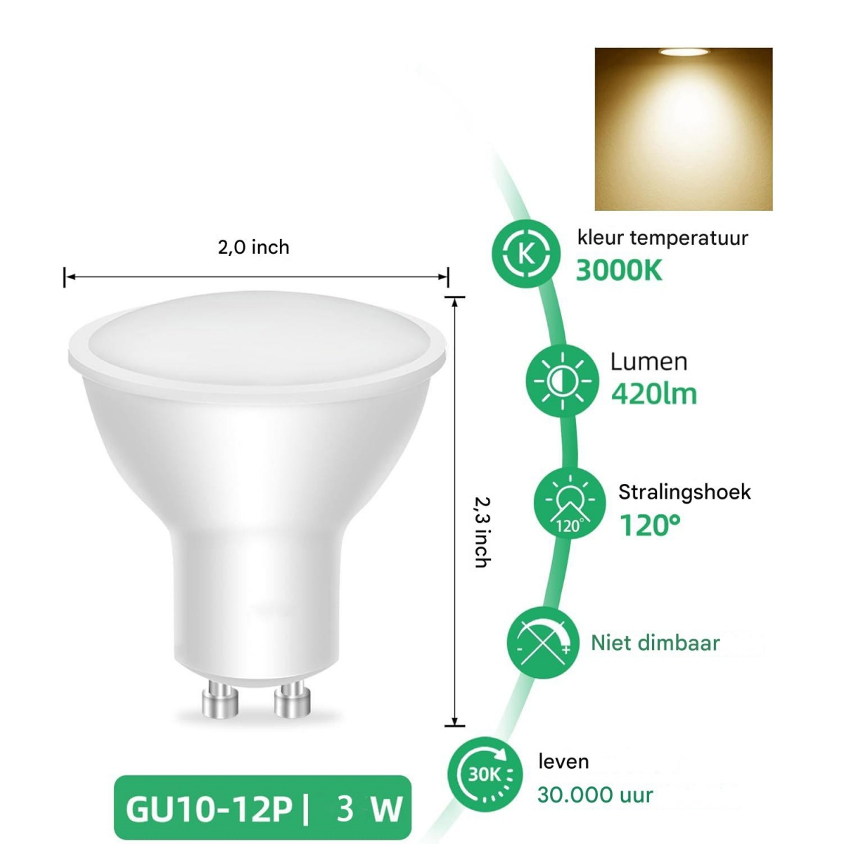 Weiße GU10 LED-Lampe, 3W, 3000K, 420lm, 120° Abstrahlwinkel.