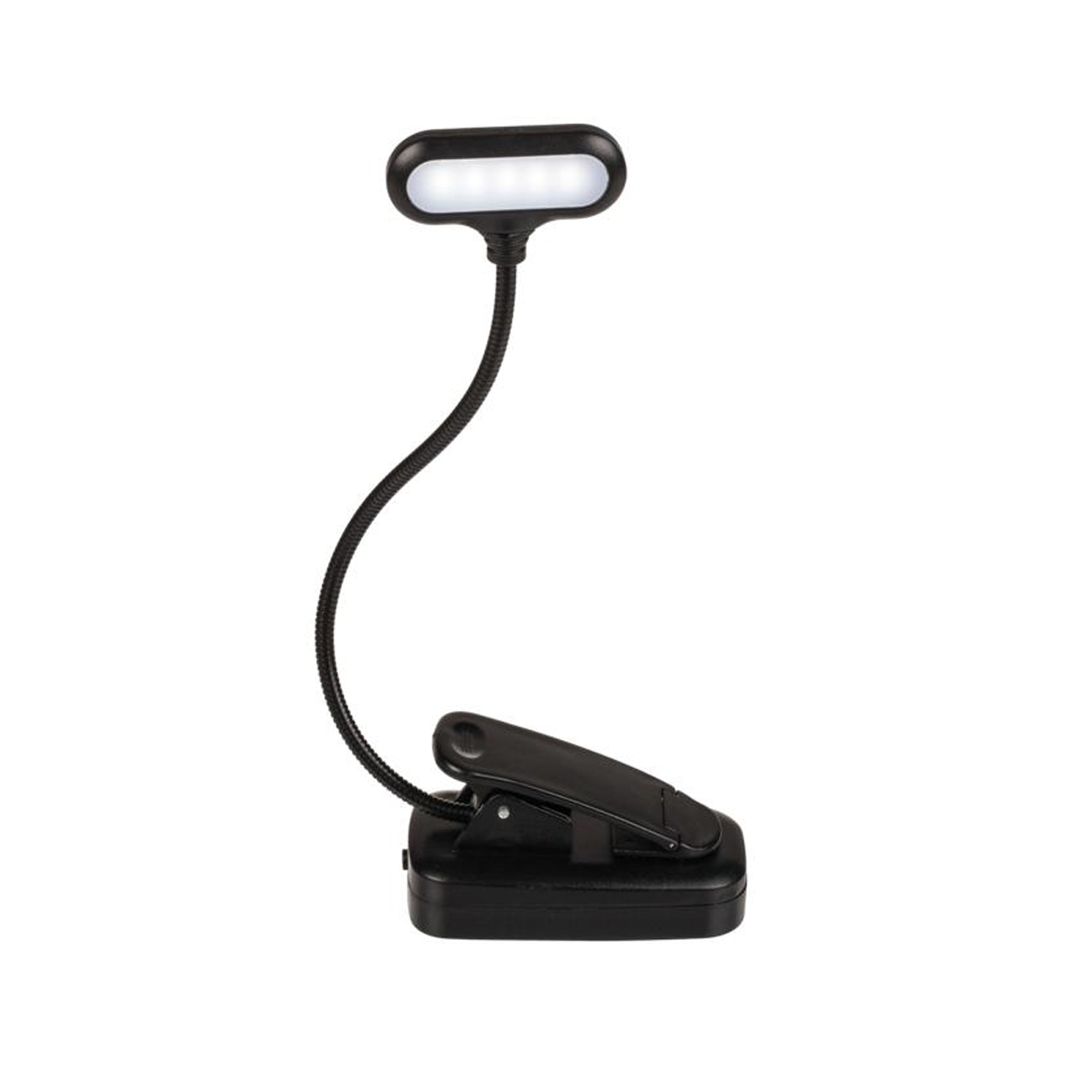 Eine schwarze Klemm-Leseleuchte mit flexiblen Hals und LED-Licht.