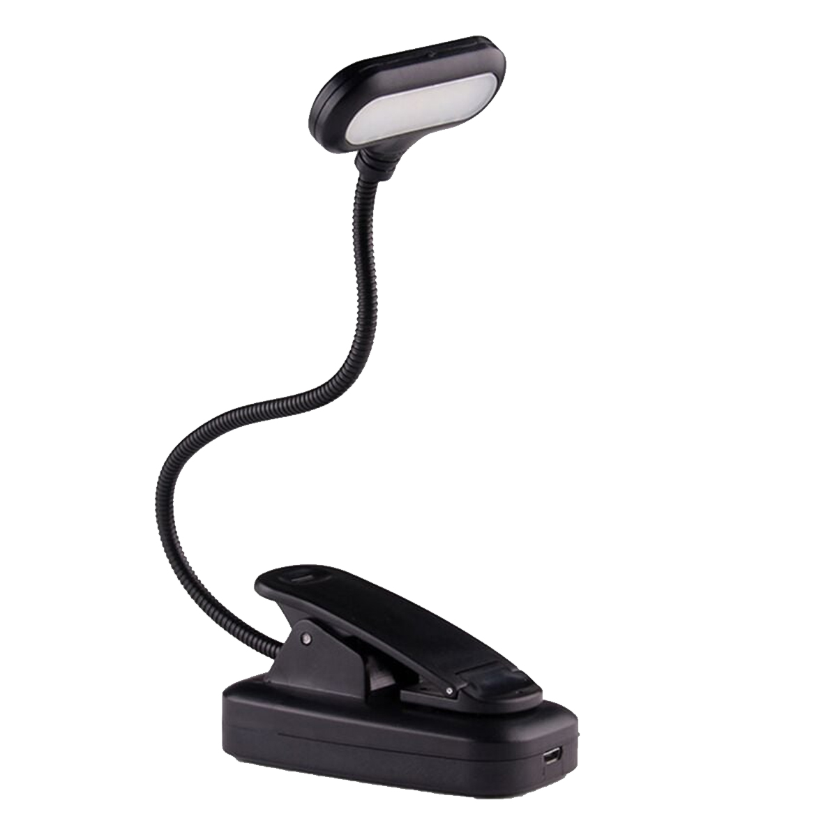 Eine schwarze Klemm-Leselampe mit flexiblem Schwanenhals und LED-Licht.