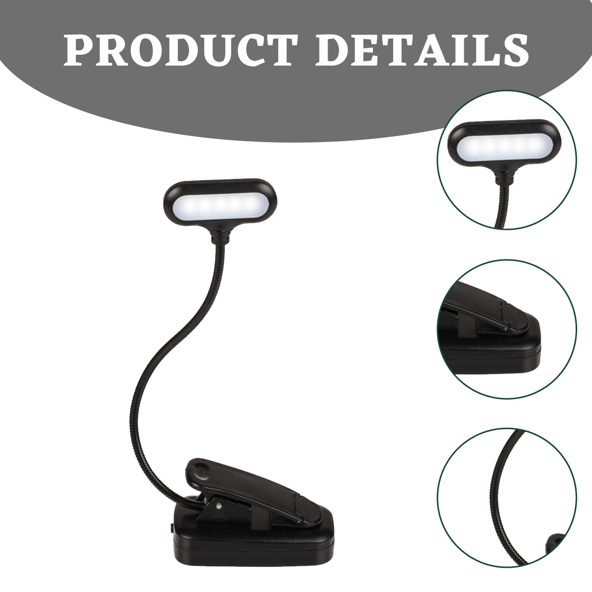 Ein schwarzes Klemm-Leselicht mit einem flexiblen Hals und sechs LEDs.