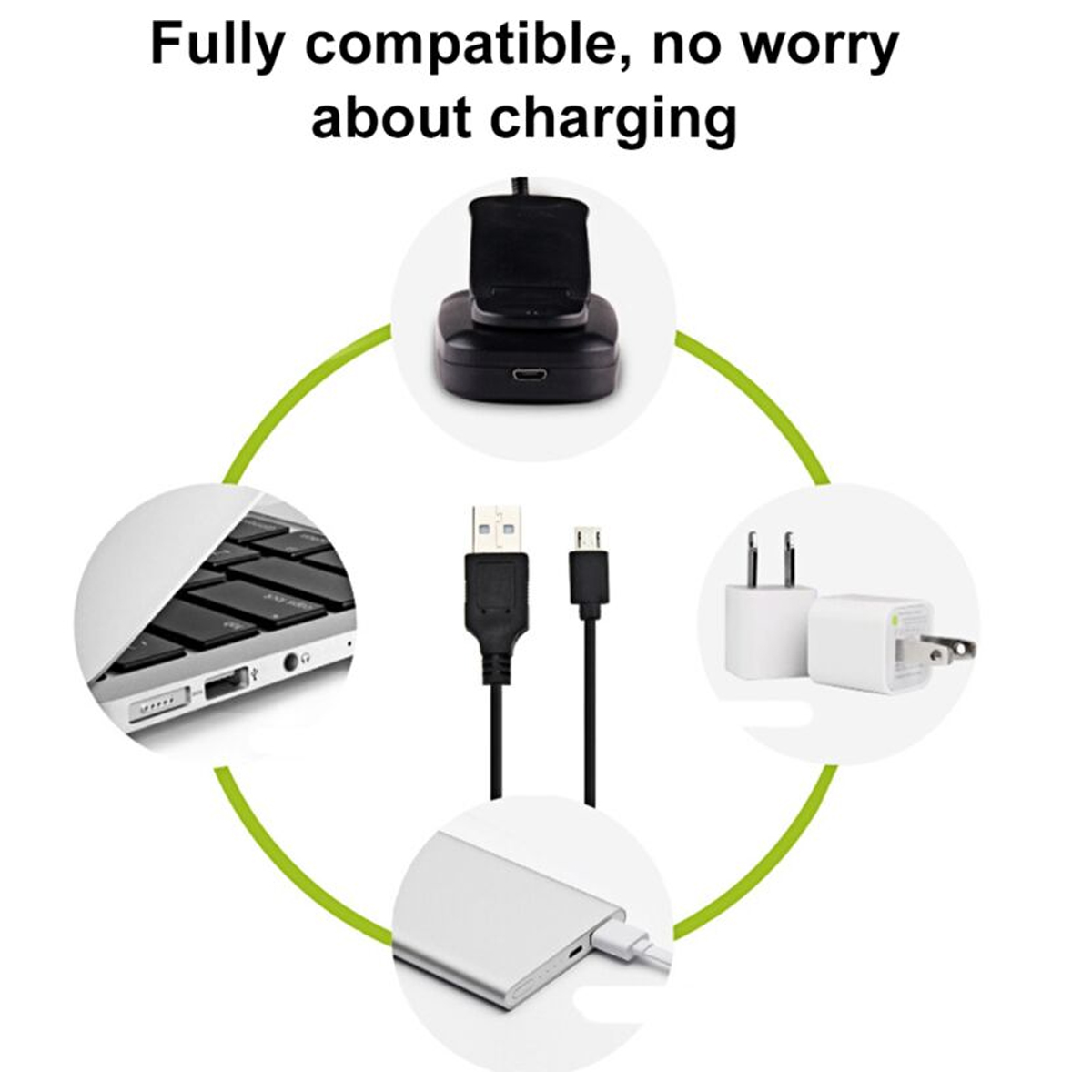 Geräte-Zubehör: Ladegerät, Kabel, Laptop-Anschluss und Powerbank.