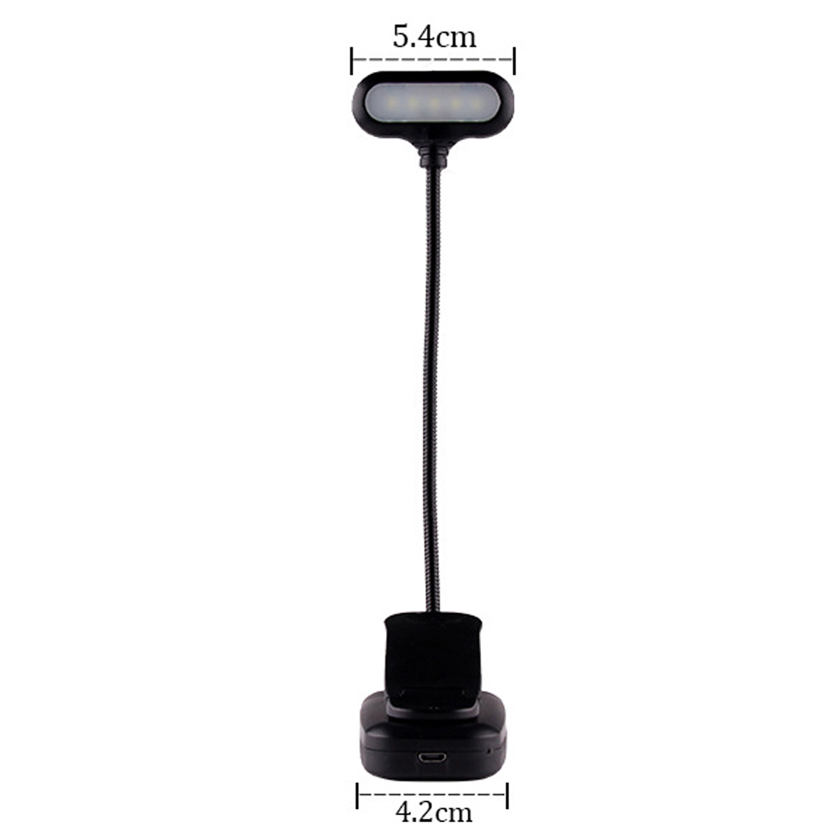 Ein schwarzes LED-Buchlicht mit flexiblem Hals und Clip. Maße: 5,4 cm breit, 4,2 cm Basis.