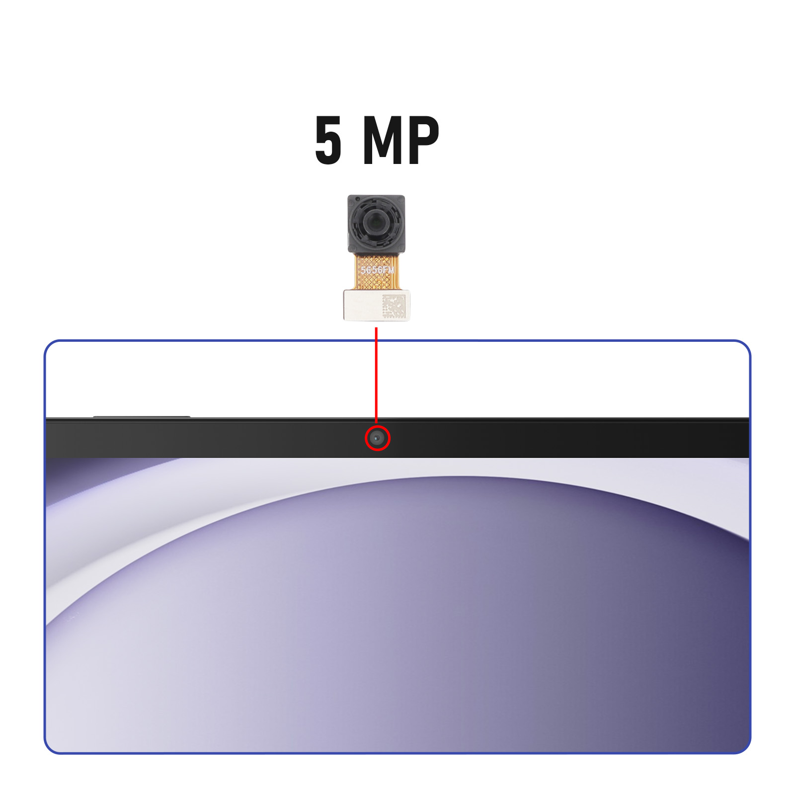 5 MP Kamera-Modul über einem Laptop-Display mit abstrakter Grafik.