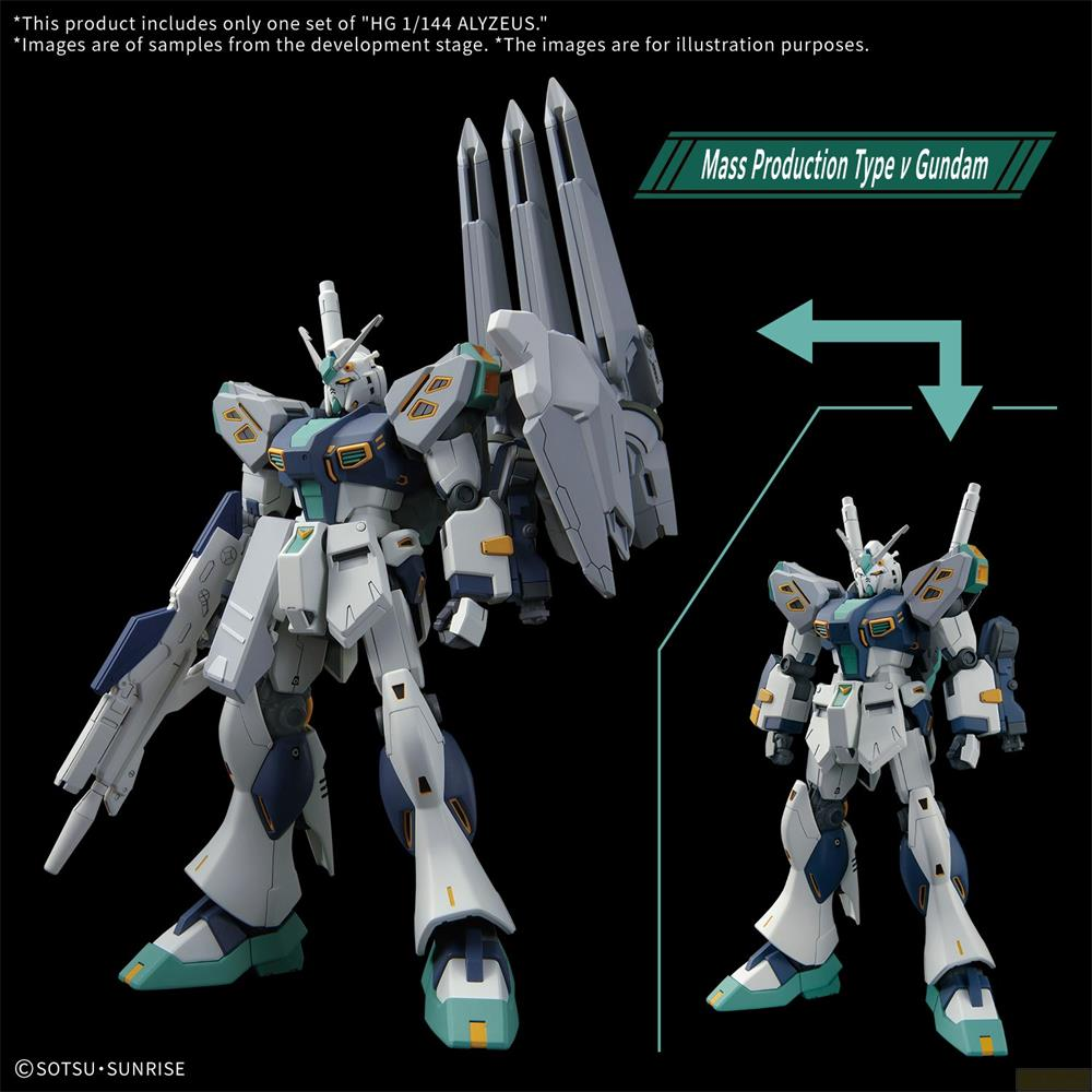 Ein weißer und blauer Gundam-Roboter mit einem großen Rückenpaket und einer Waffe.