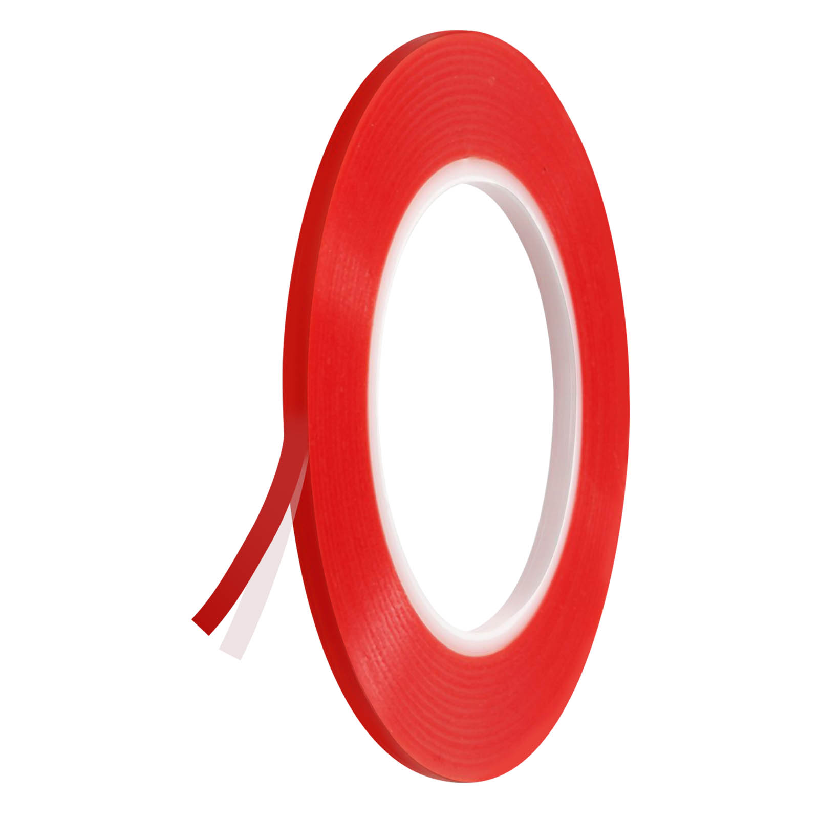 Nastro rosso biadesivo su sfondo bianco.