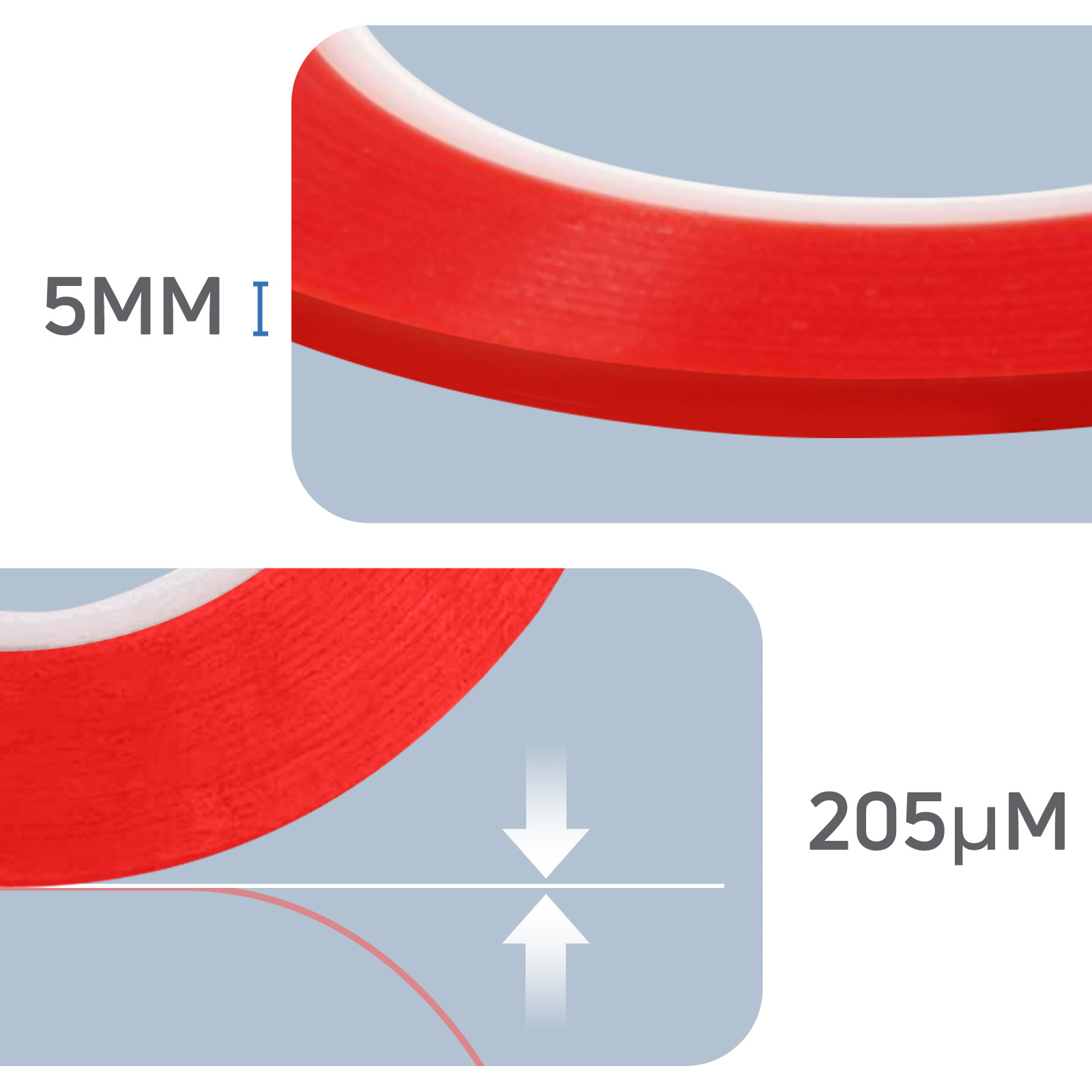 Due primi piani di nastro biadesivo rosso. Uno mostra larghezza 5mm. L'altro spessore 205µM.