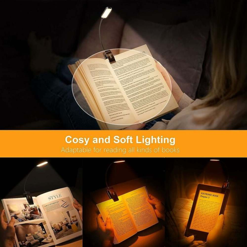 Ein Clip-On-Buchlicht beleuchtet ein Buch und ein E-Reader. Gemütliche Beleuchtung.